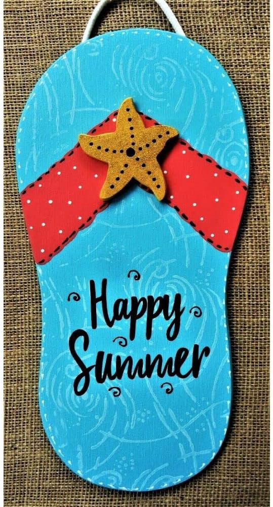 1 Pcs Flip Flop Happy Summer Sign Wall Art Hanger Deck Patio Pool Tiki Hot Tub Plaque