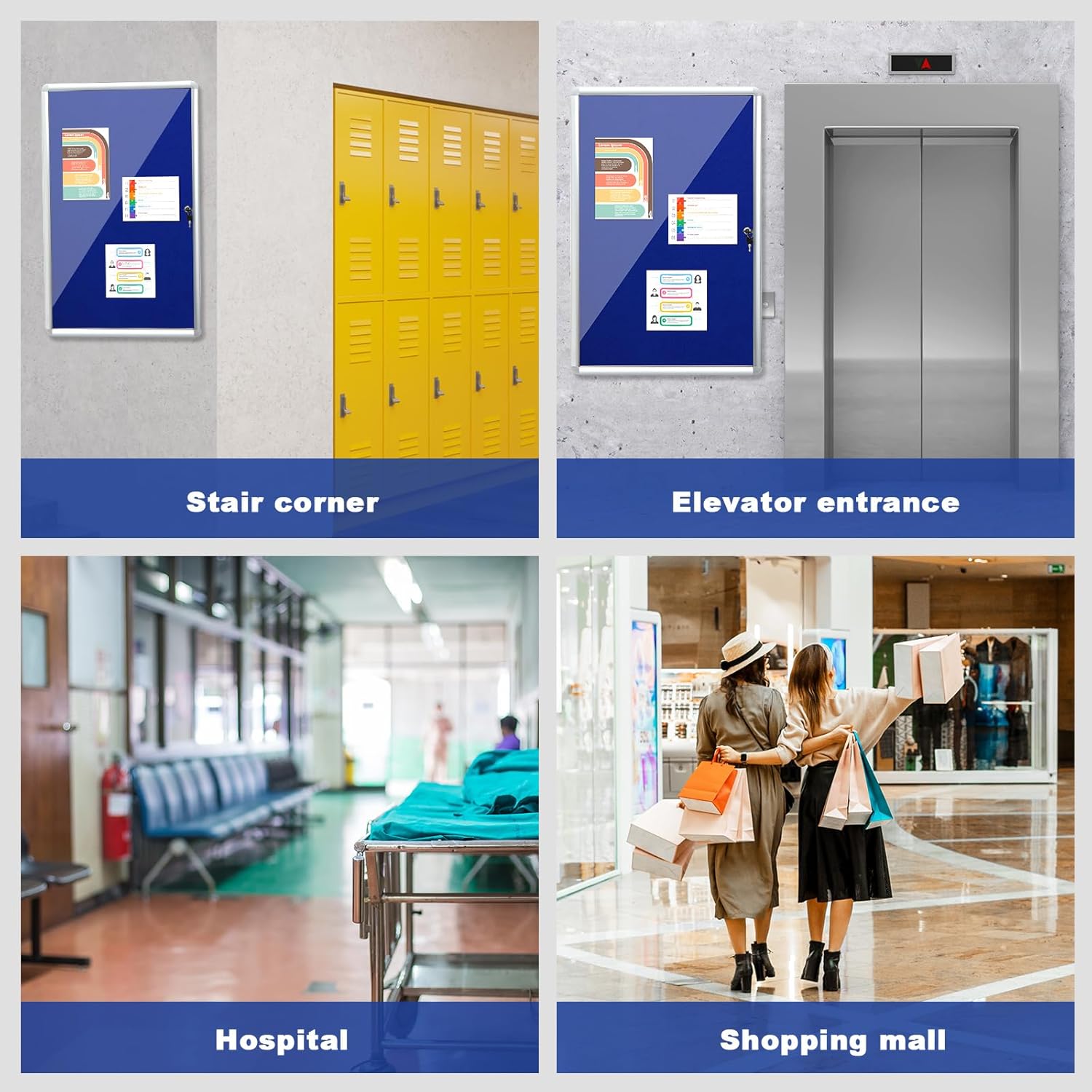 Blulu 2 Set 24 x 36 Inch Enclosed Bulletin Boards Lockable Noticeboard Windproof Outdoor Cork Display Wall Case with Locking Door for School Office Notices(Blue)