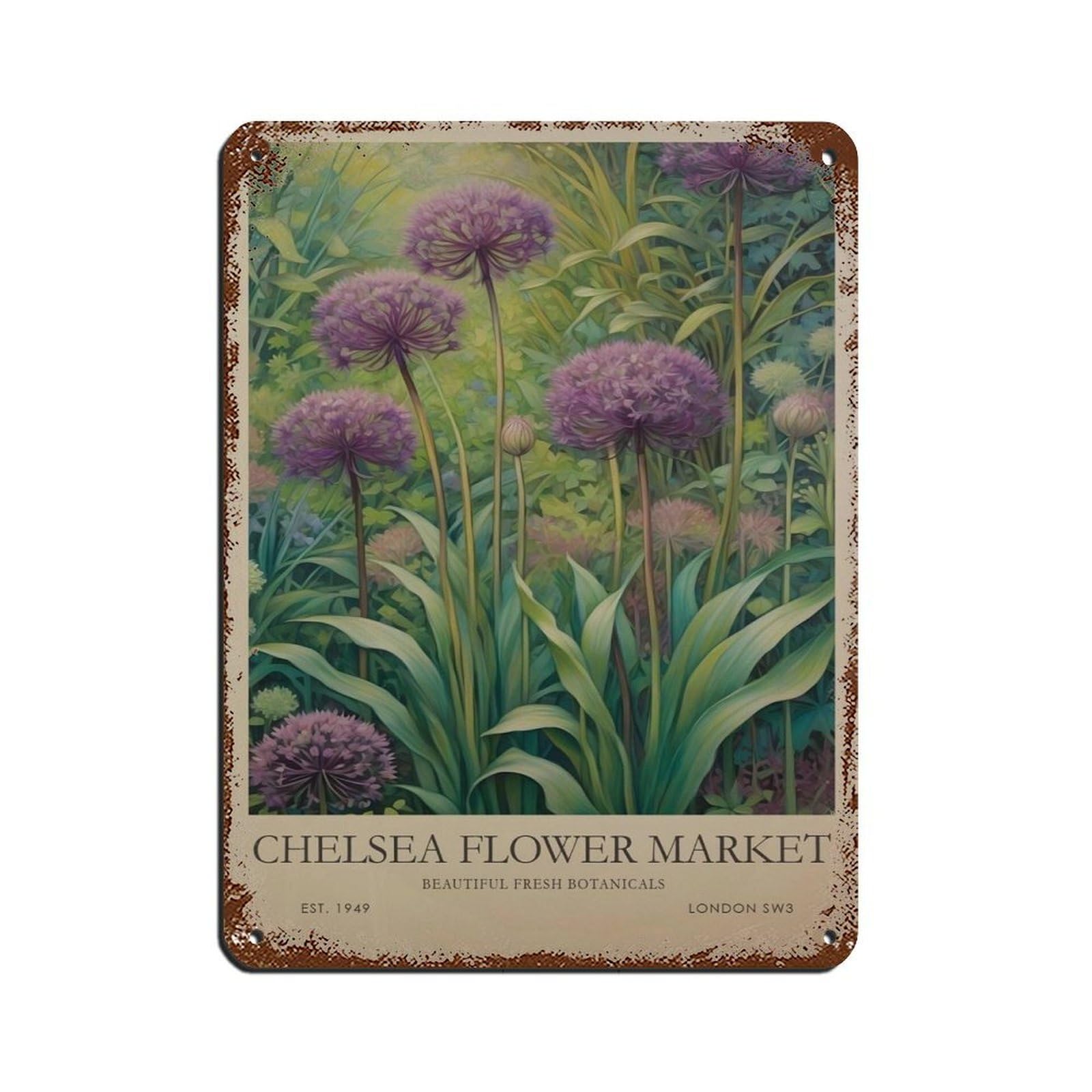 Chelsea Flower Market, Purple Vintage Floral Tin Sign Vintage Metal Pub Club Cafe Bar Home Wall Art Decoration Poster Retro 12x16inch(30x40cm)
