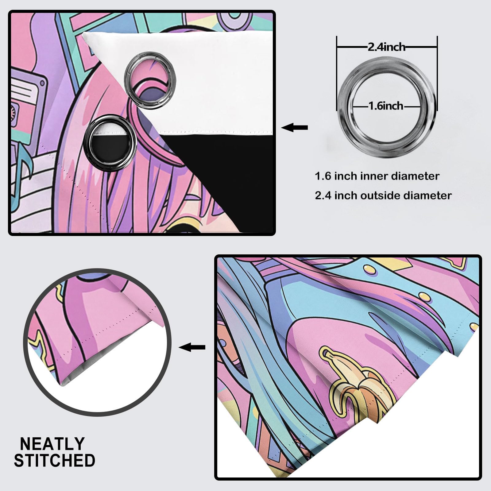 Vorhänge Blickdicht 2Er Set H245Xb140Cm – Anime-Schönheit Japanisches Harajuku-Poster, Rosa-Lila Gardinen Weiche Thermovorhänge Mit Ösen, Kälteschutz Vorhänge Für Schlafzimmer Wohnzimmer