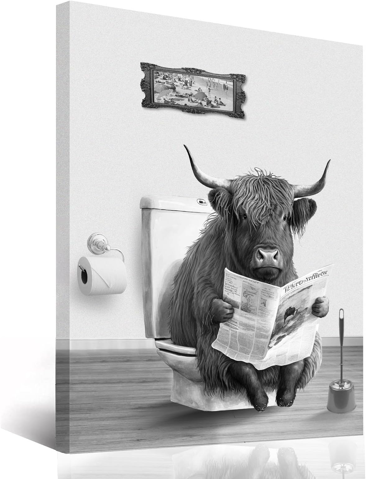 RETRART Funny Highland Cow Bathroom Wall Art, Black and White Cow Bathroom Decor Farmhouse Wall Decor, High end Art for Bathroom Restroom Decoration 1 Pack(12x16in Framed, Ready to Hang)