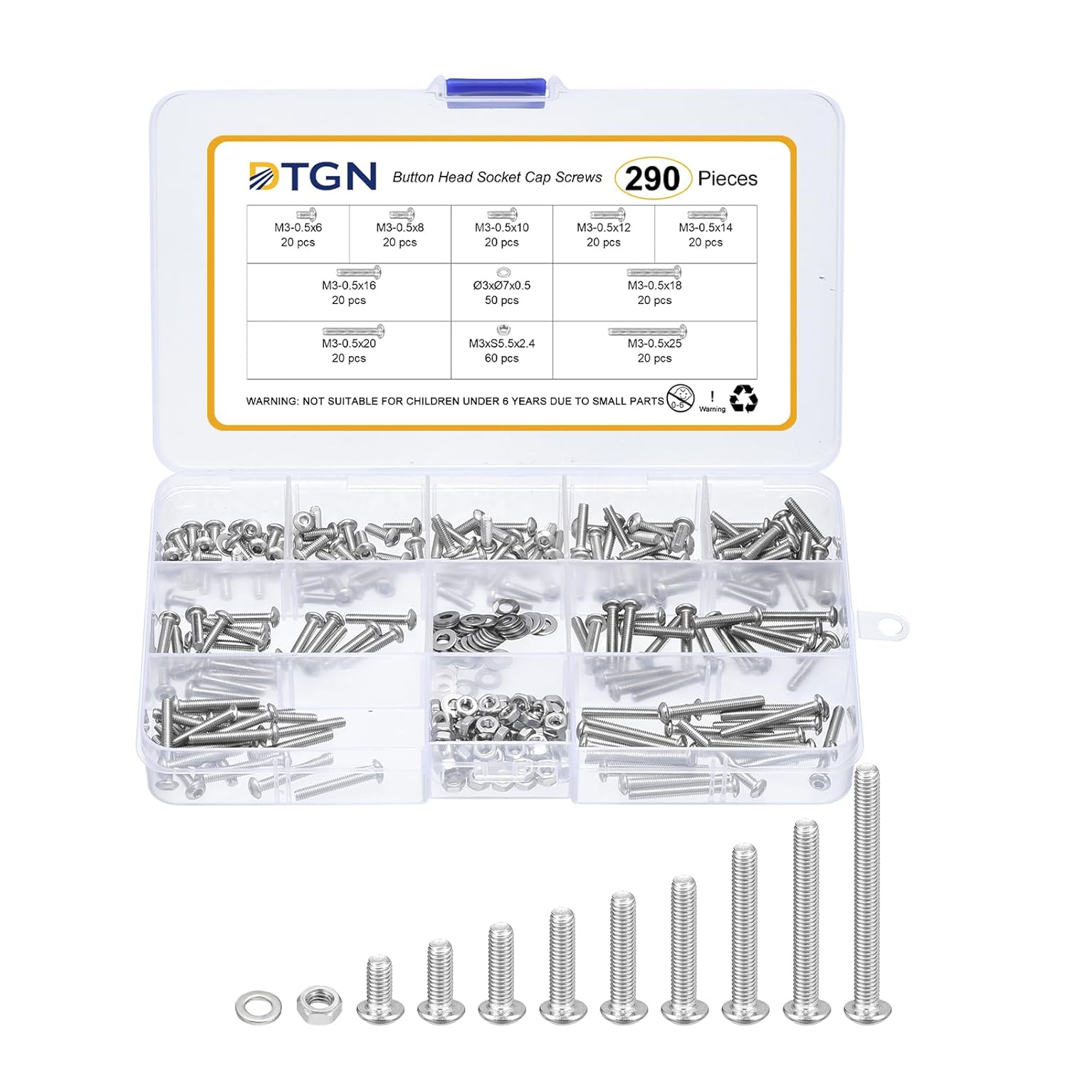 DTGN 135Pcs M8-1.25x16/20/25/30/40mm Button Head Socket Cap Screws - 304 Stainless Steel Bolt Nut Set Washer Assortment Kit - Good for Road Bicycle, Mountain Bike, Auto