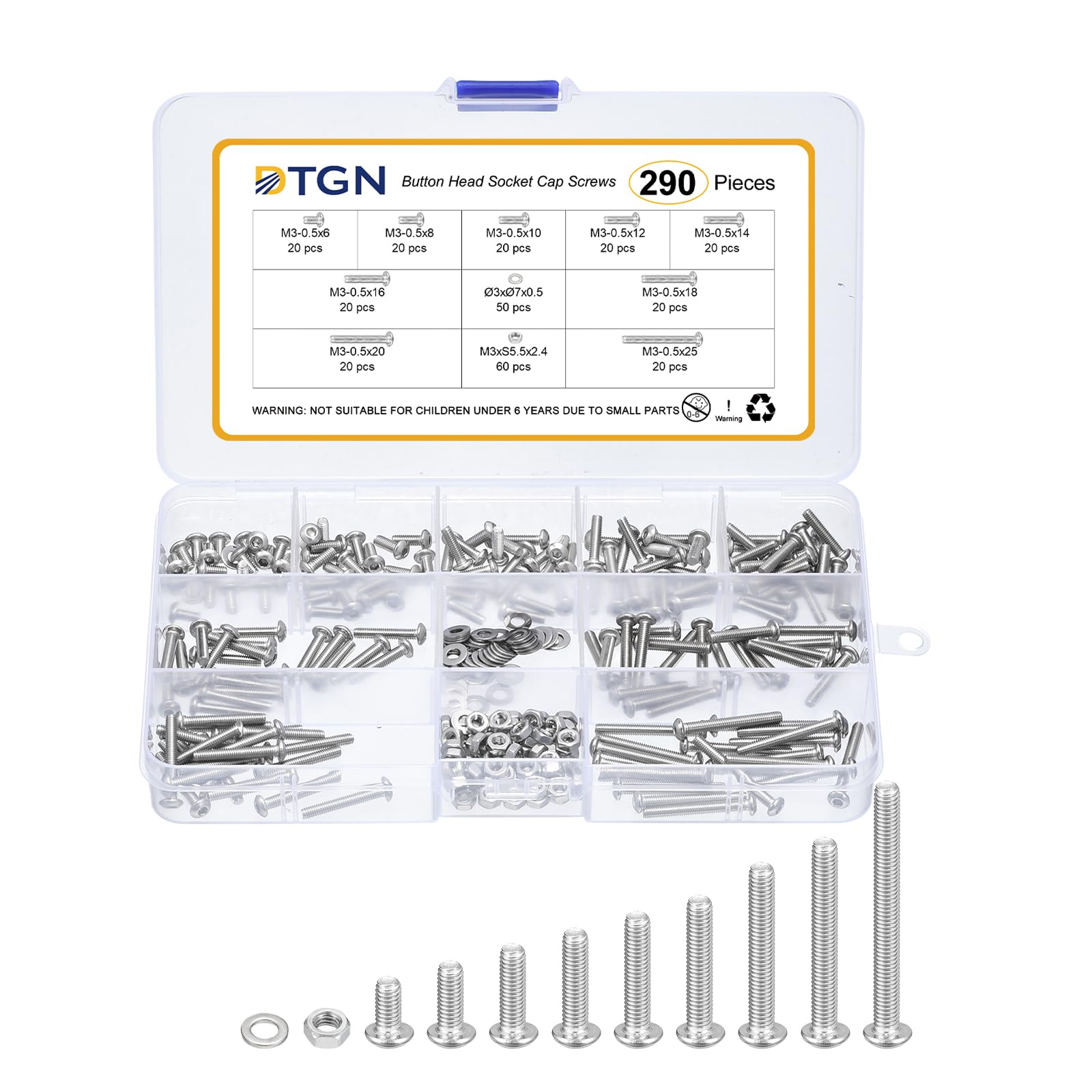 DTGN 290Pcs M3-0.5x6/8/10/12/14/16/18/20/25mm Button Head Socket Cap Screws