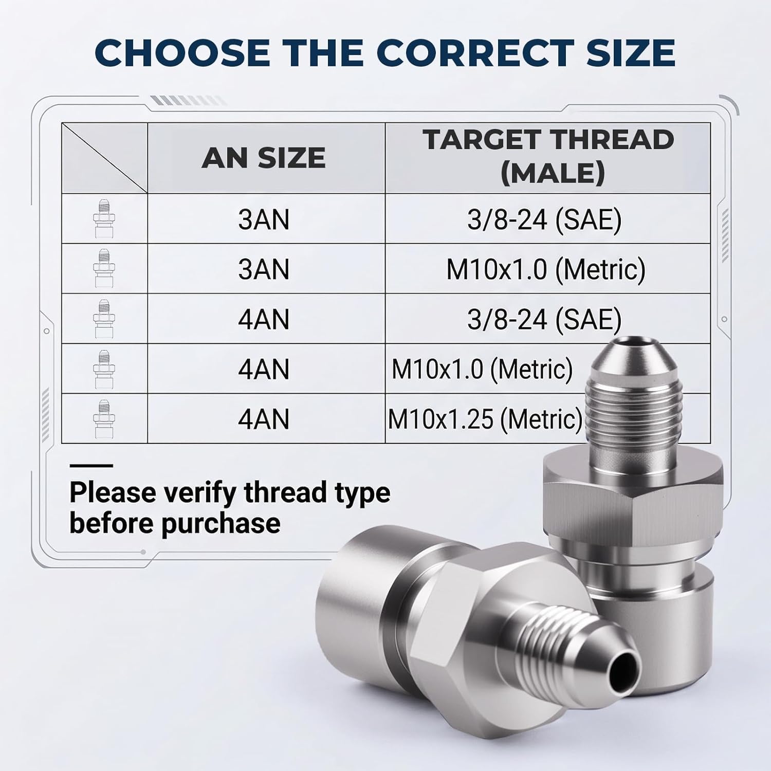 Brake Line Adapter Fittings, 3AN & 4AN to Metric (M10x1.0, M10x1.25) & SAE (3/8-24) Inverted Flare, Stainless Steel AN Brake/Clutch Line Fitting, Multiple Sizes
