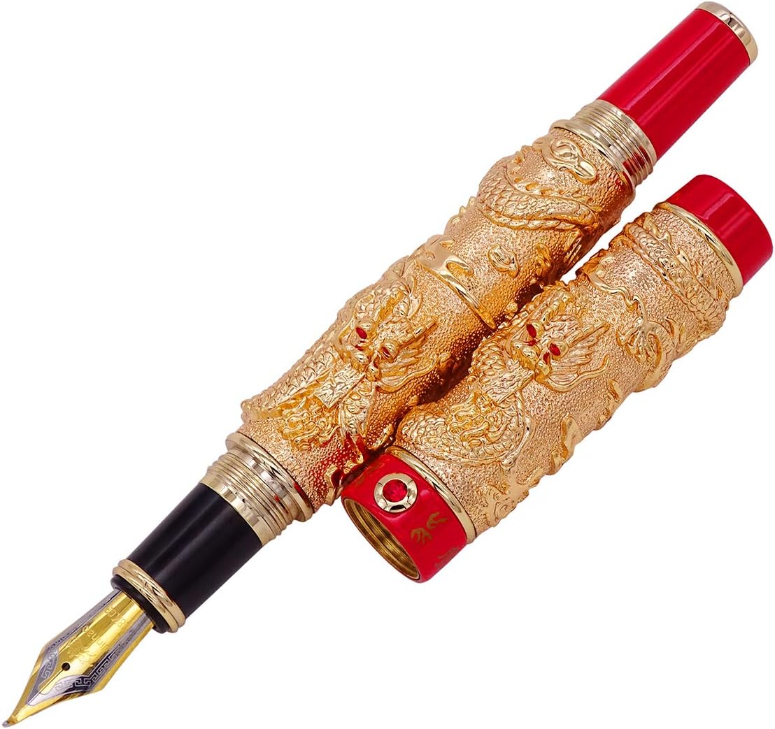 Chinese Dragon Fountain Pen Gold Red Color, Fude Pen Bent Nib (Fine to Broad Size) for Art Drawing Calligraphy Handwriting by Jinhao