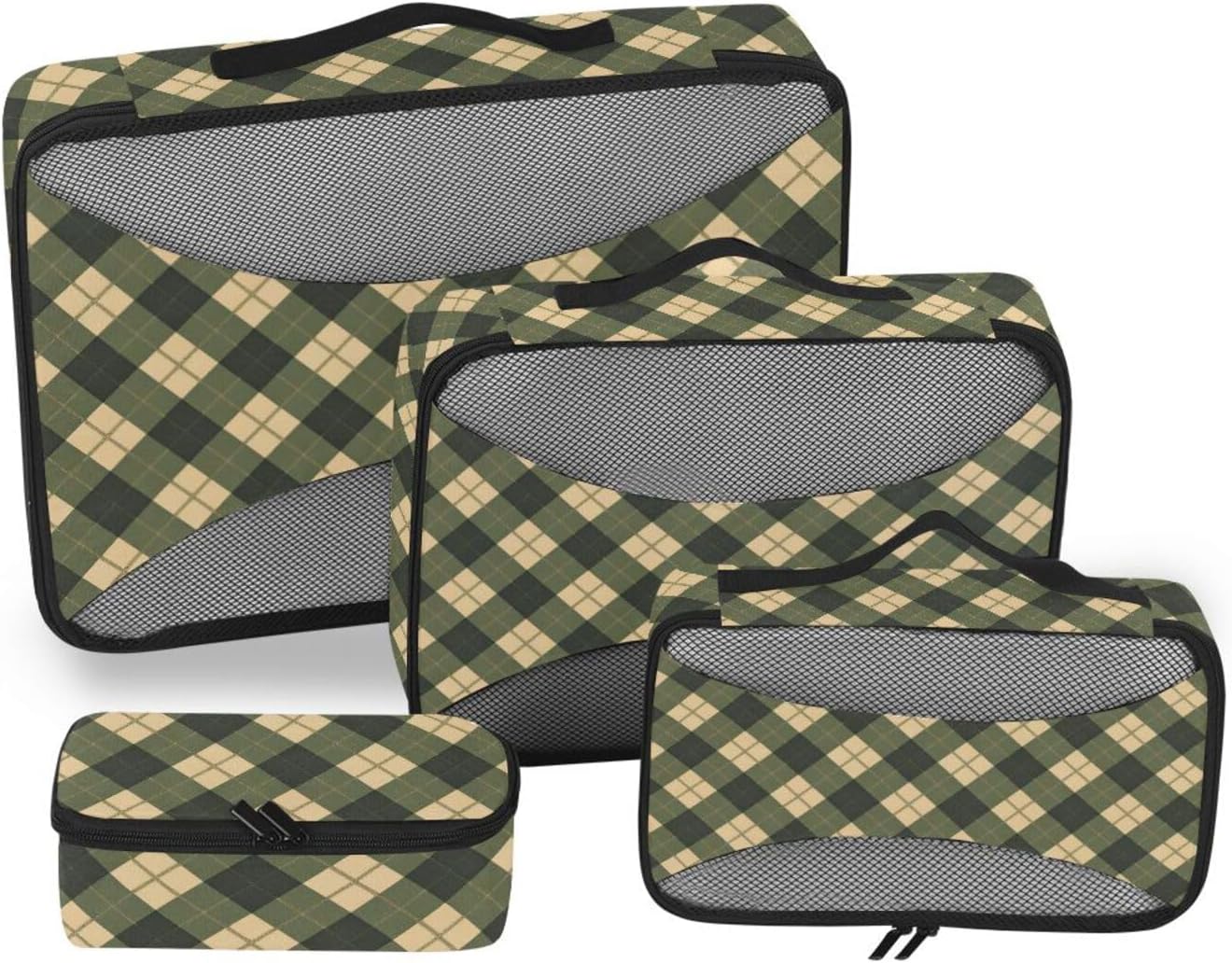 Gray-green Checkerboard 4 Pcs set organizers for travel Mesh Travel Essentials expandable luggage packing cubes