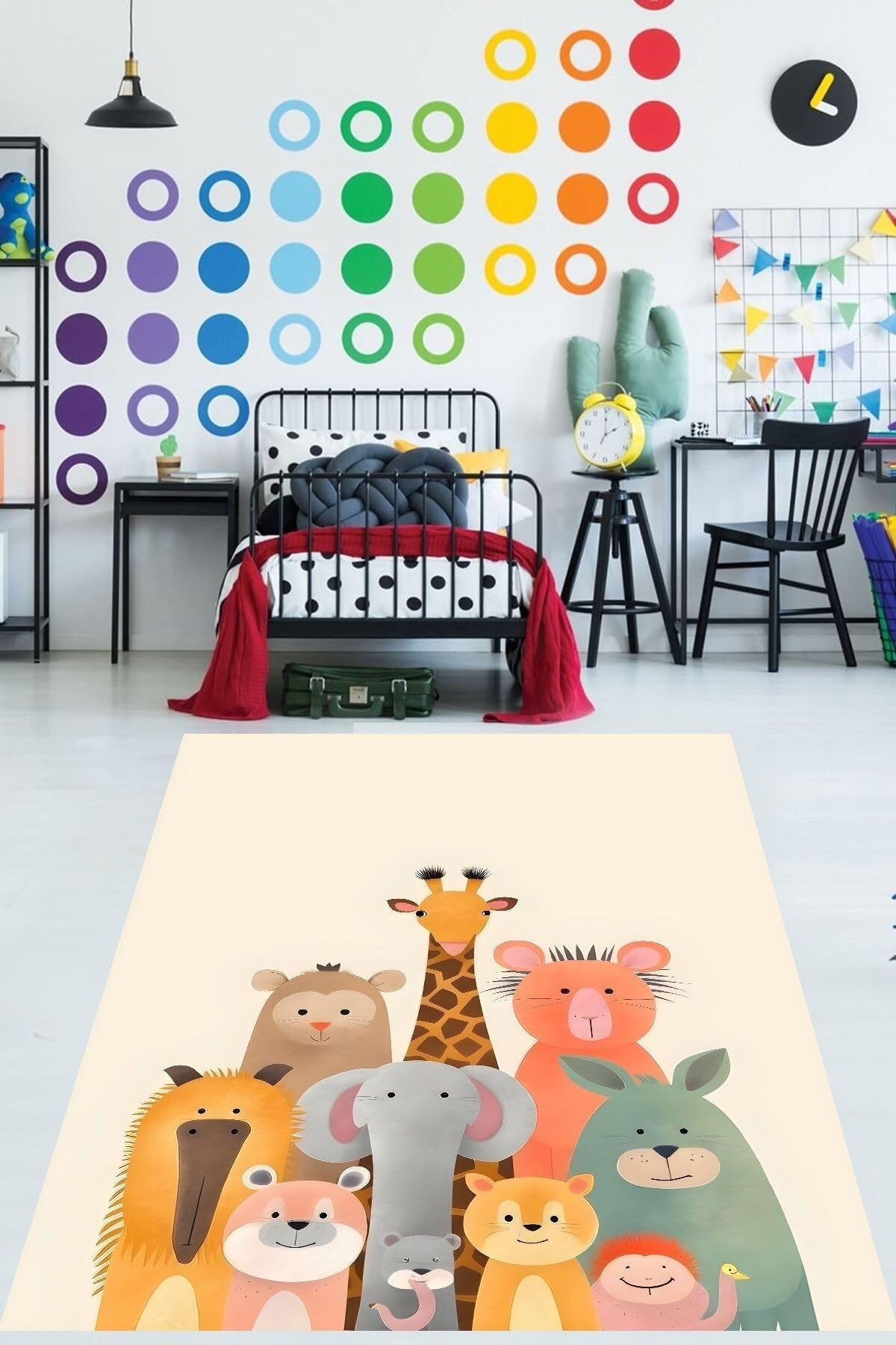 Pelangi Safari Ormandaki Sevimli Hayvanlar Ailesi Yıkanabilir Kaymaz Taban Leke Tutmaz Çocuk Odası Halısı