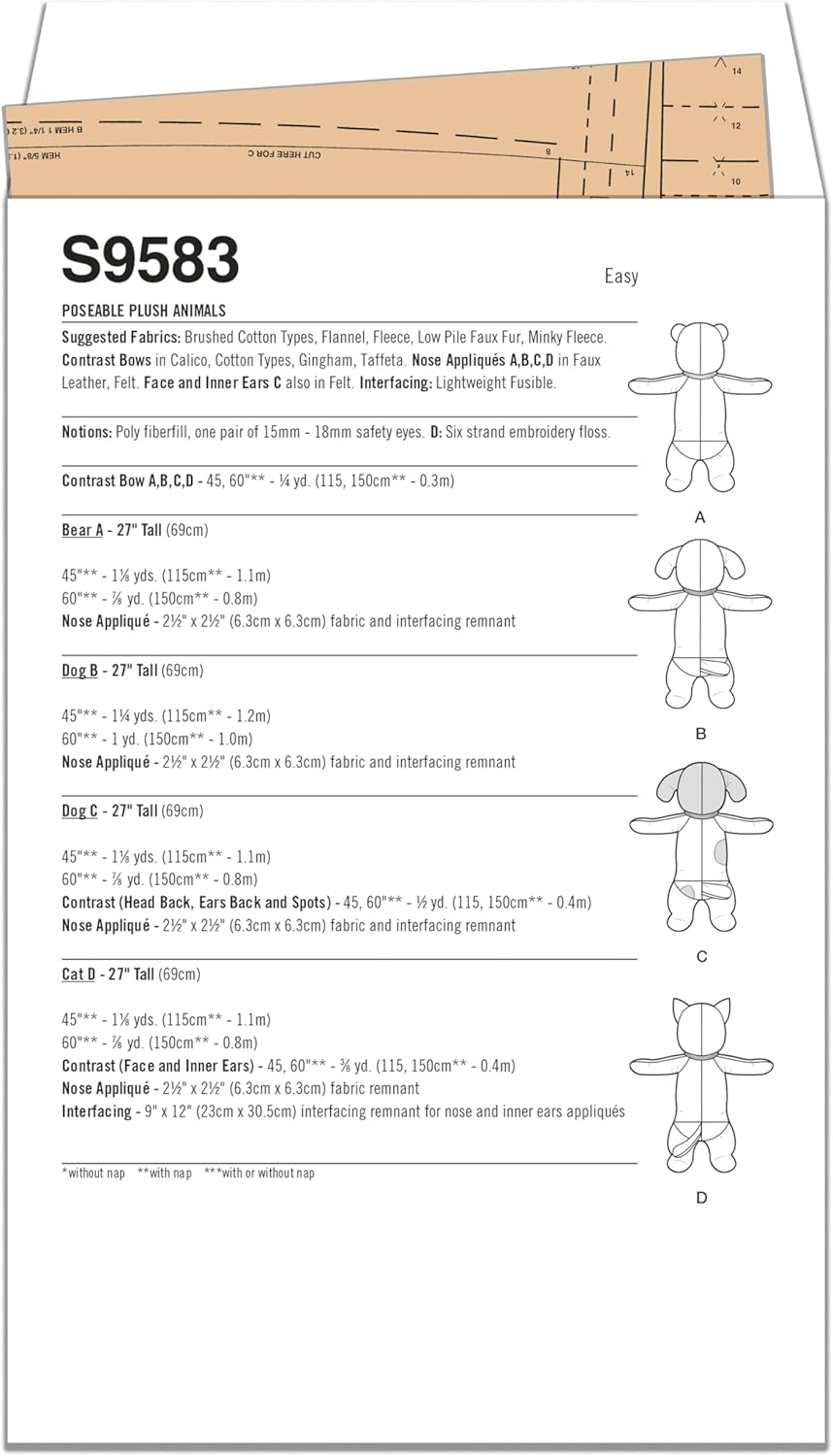 Simplicity SS9583OS Dog, Cat, and Bear Plush Animal Sewing Pattern Packet, Design Code S9583, One Size
