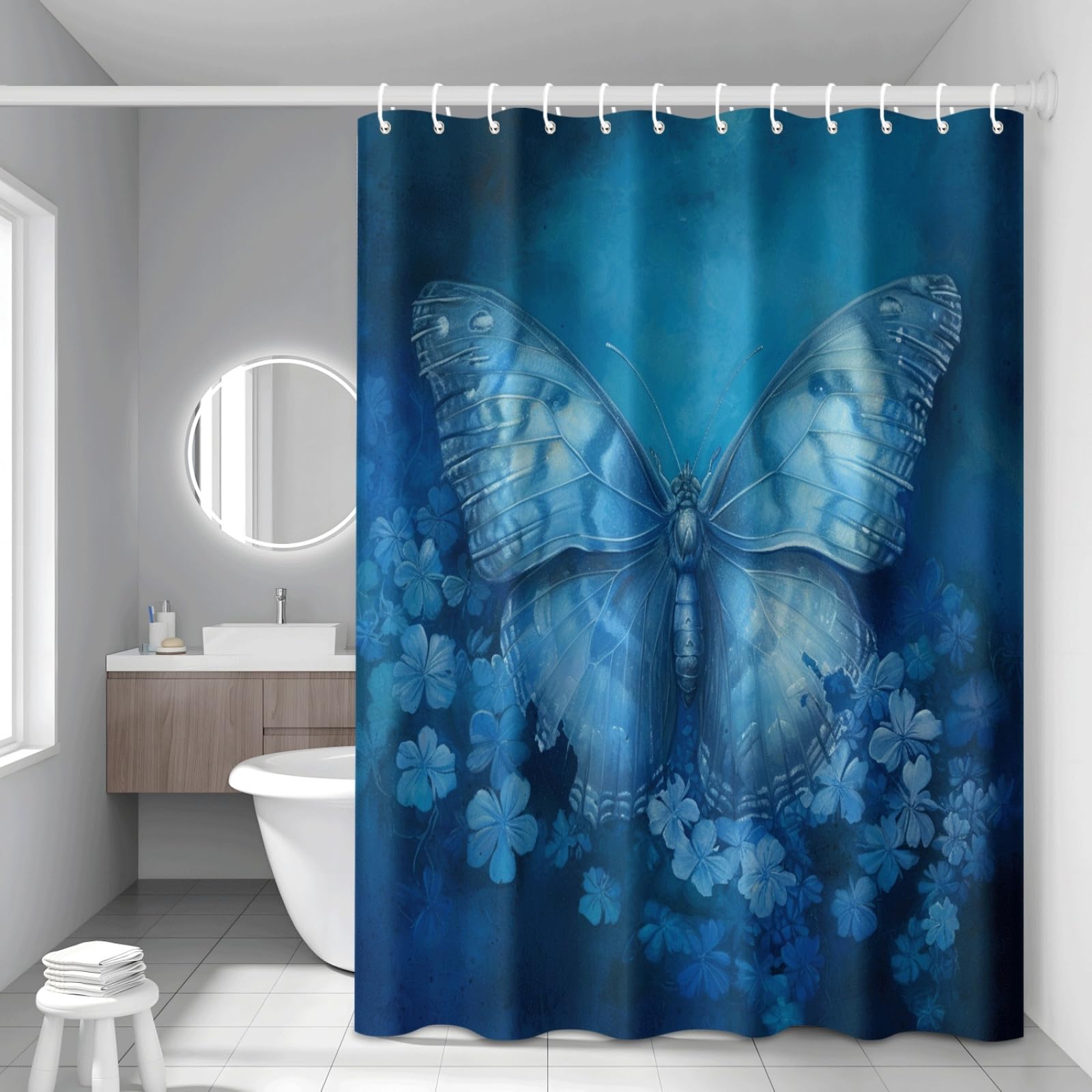 Shower Curtain Blue Flower Mould Resistant Shower Curtains for Bathroom Washable Polyester Bathroom Curtains Decor Wet Room Quick Dry Anti Mould Bath Curtain with 12 Hooks 120x180cm