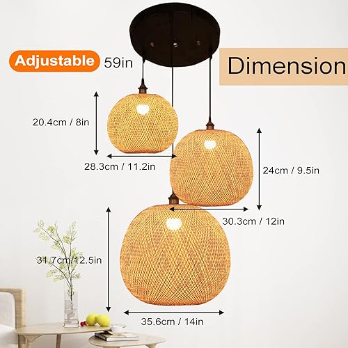Miniatura 8 de Lámpara colgante de farol de bambú, estilo japonés retro E27, lámpara colgante de lámpara de techo para sala de estar, dormitorio, restaurante,