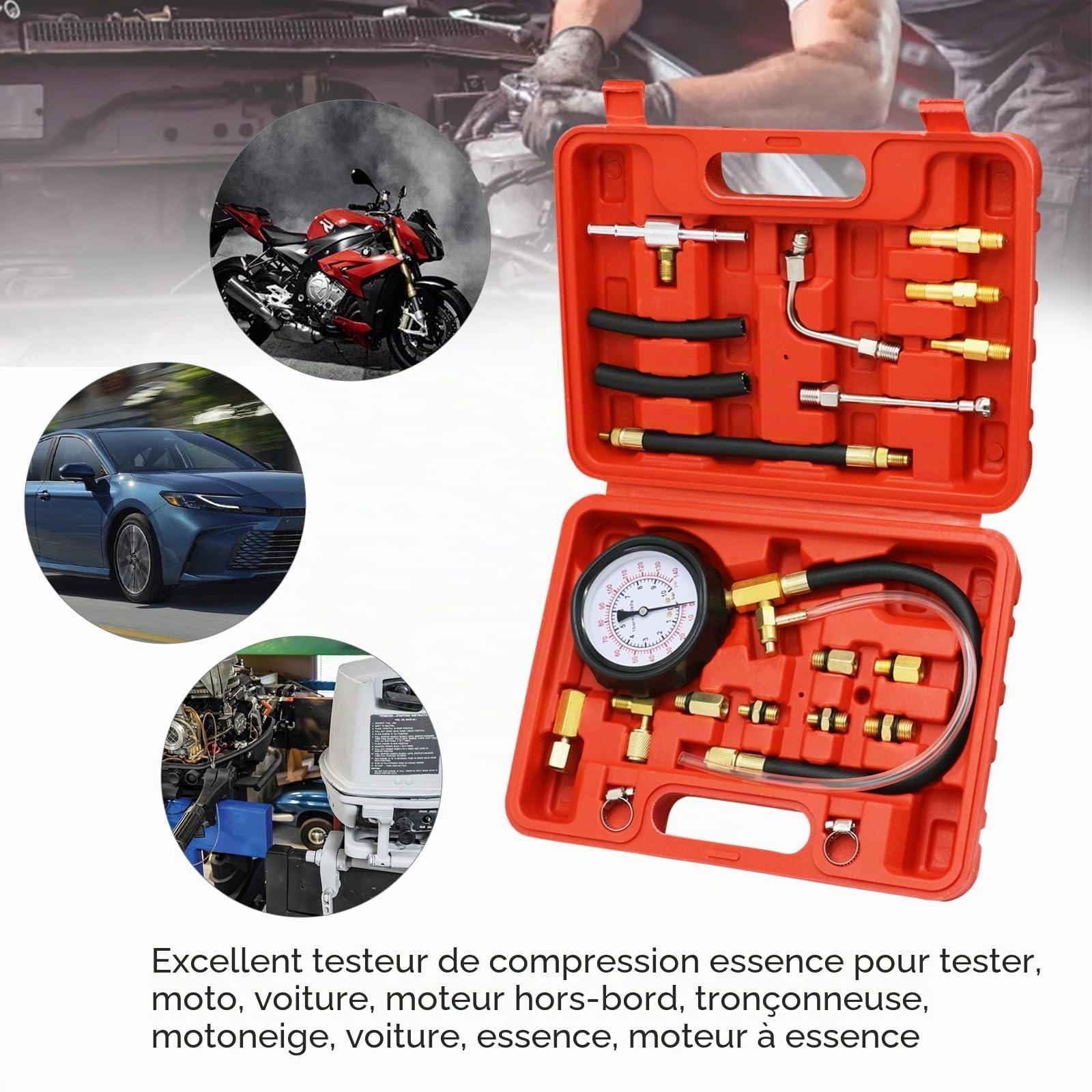 Testeur de pression d'injecteur de carburant avec adaptateur et manomètre 0-140PSI Testeur de pression de pompe à carburant, voiture, camion, moto, outils de diagnostic