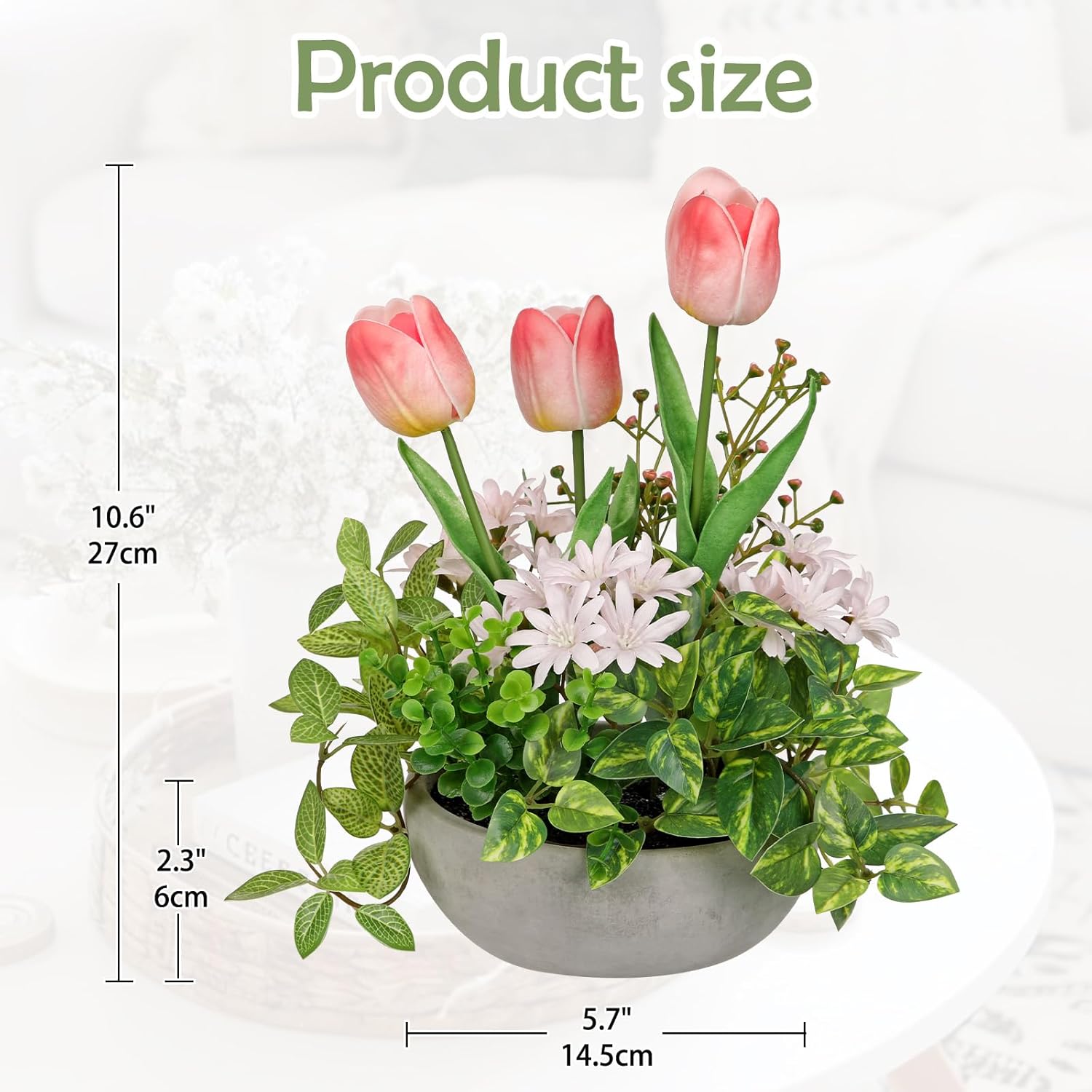 Flower Centerpieces 10.6" Artificial Plants & Flowers in Pot Mixed Artificial Tulip with Pink Flowers Green Plant, Realistic Farmhouse Flowers Arrangements for Table Office Desk Kitchen Home Decor