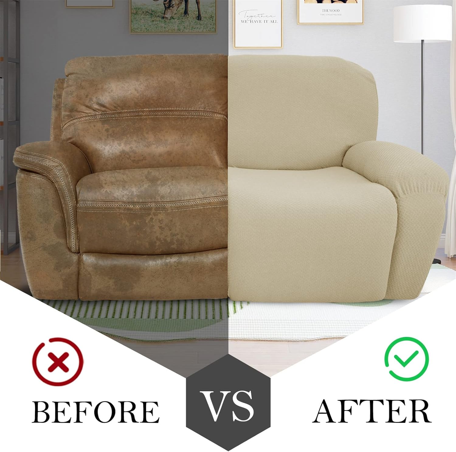 Recliner Covers 2 Seater Stretch Recliner Sofa Covers Loveseat Reclining Couch Slipcovers Furniture Protector (Beige,2 Seater)