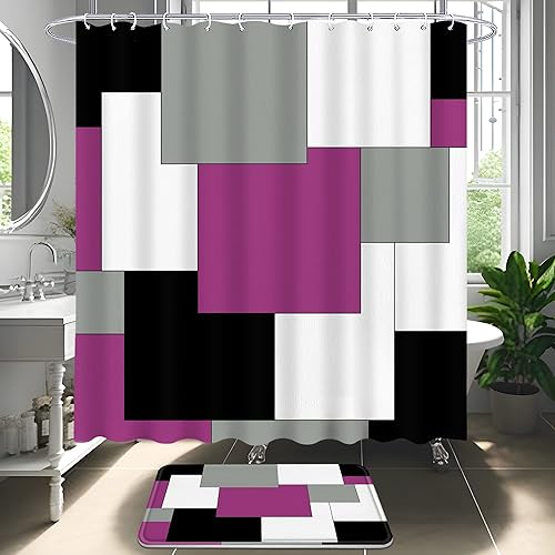 Miniatura 2 de 4Pcs Purple Bathroom Sets with Shower Curtain and Rugs, Geometric Bathroom Set, Shower Curtain Set with Non-Slip Rugs, Toilet Lid Cover, Bath Mat
