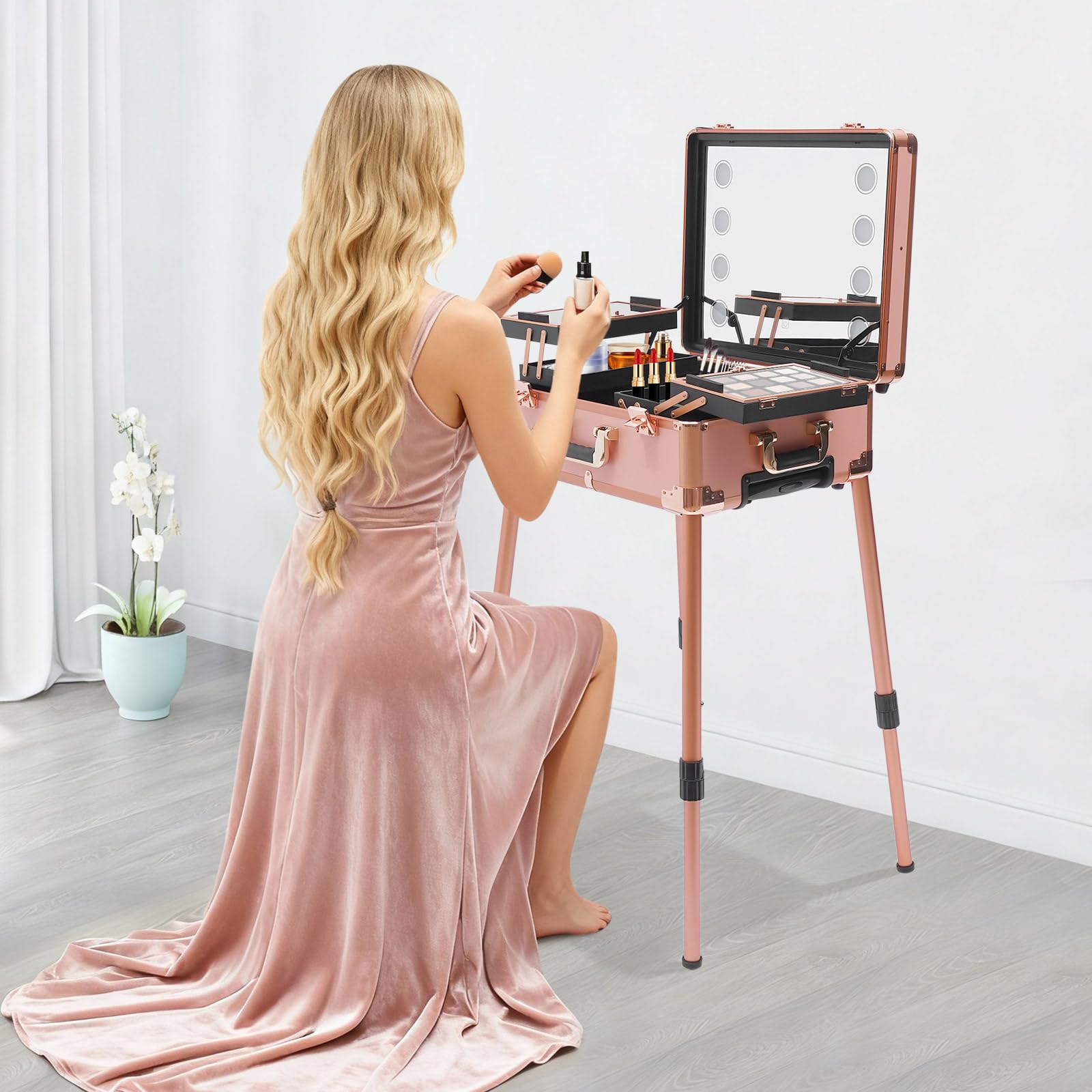 Kosmetikkoffer Trolley mit Spiegel und Licht Mobile Schminkstation Tisch, Einstellbare Höhe und Helligkeit,Alu Friseurkoffer mit Rollen Make up Koffer Beauty Case Nageltisch (Rose Gold)