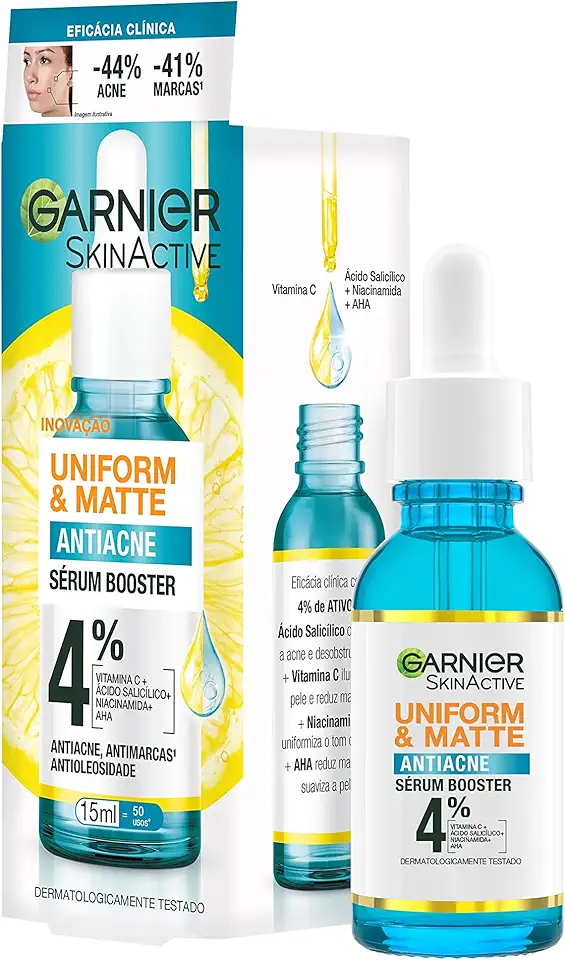 Garnier Uniform & Matte Sérum Facial Antiacne, Reduz Espinhas e Marcas, Uniformiza o Tom da Pele, Efeito Matte Antioleosidade, com Vitamina C e Ácido Salicílico, 15ml
