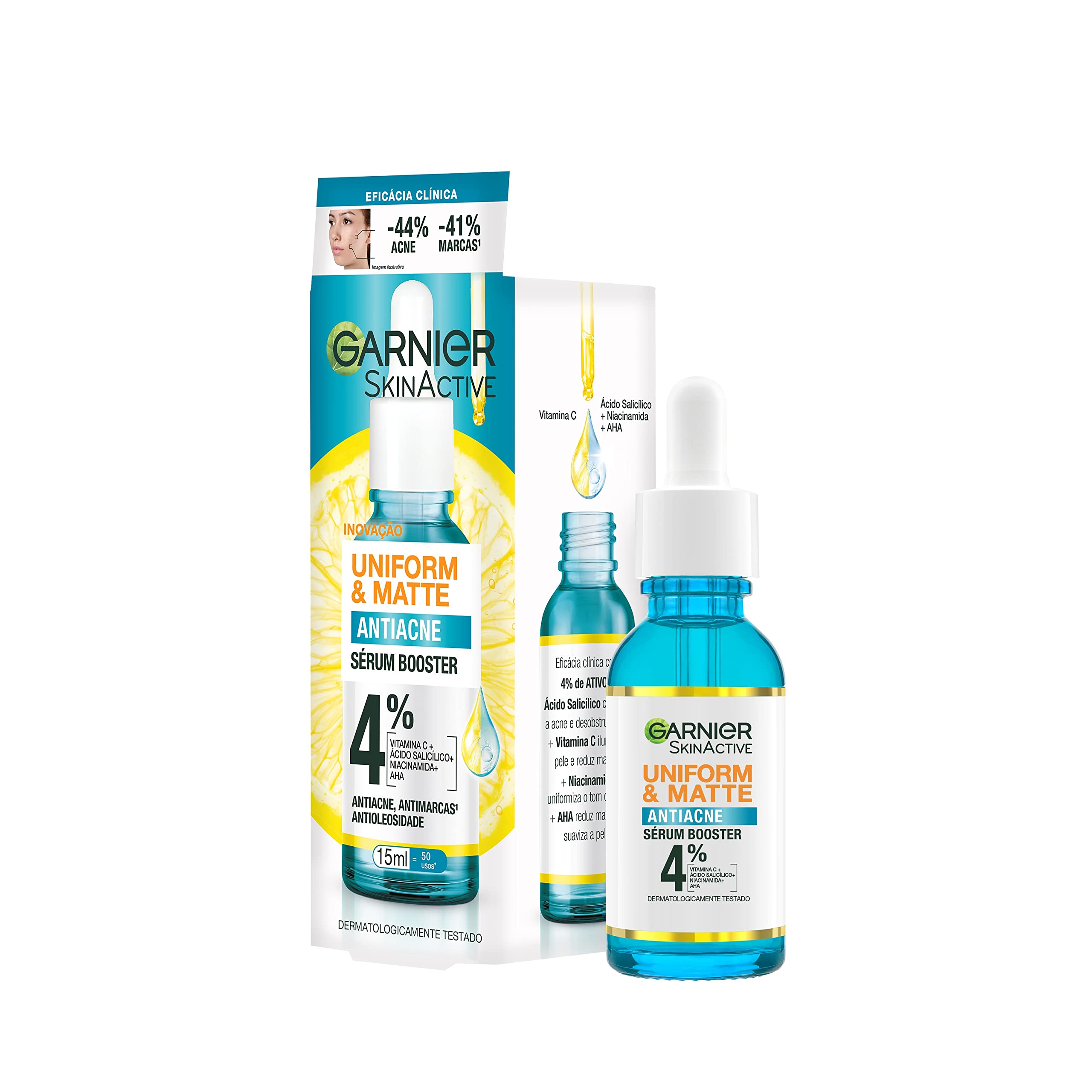Garnier Uniform & Matte Sérum Facial Antiacne, Reduz Espinhas e Marcas, Uniformiza o Tom