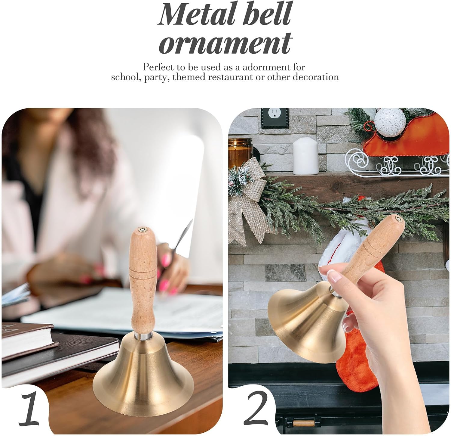 Zerodeko 2pcs Decorative Metal Bells with Wooden Handles, 8cm and 11cm Small Handheld Bells for School, Restaurant, Festival and Home Décor Accents