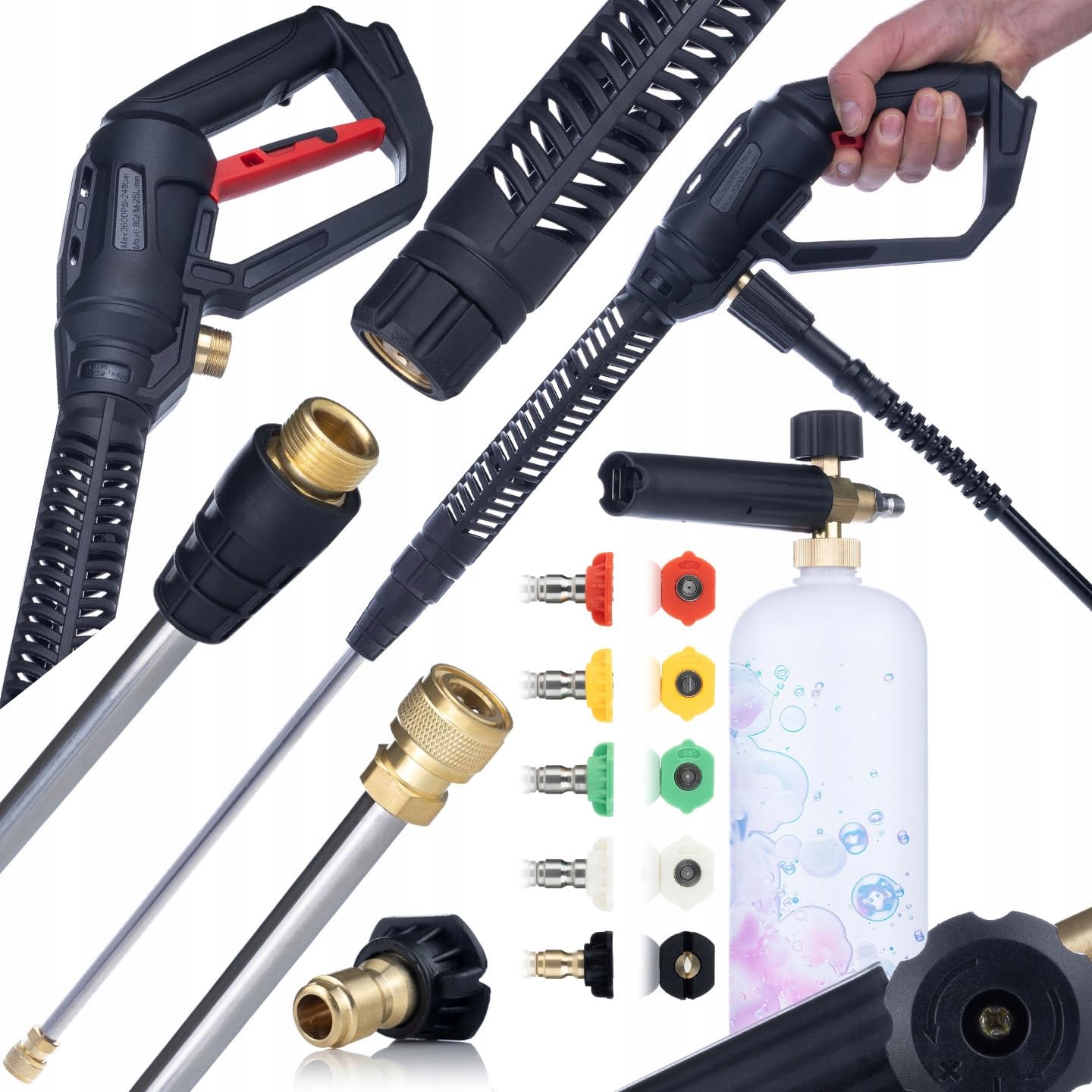 Rosfix Zestaw Pro Clean Gun PCG1 – pistolet wysokociśnieniowy M22 x 1,5 + lanca + 1 l pistolet pianowy + 5 dysz | 4000 PSI, szybkozłącze 1/4" | akcesoria do myjek wysokociśnieniowych