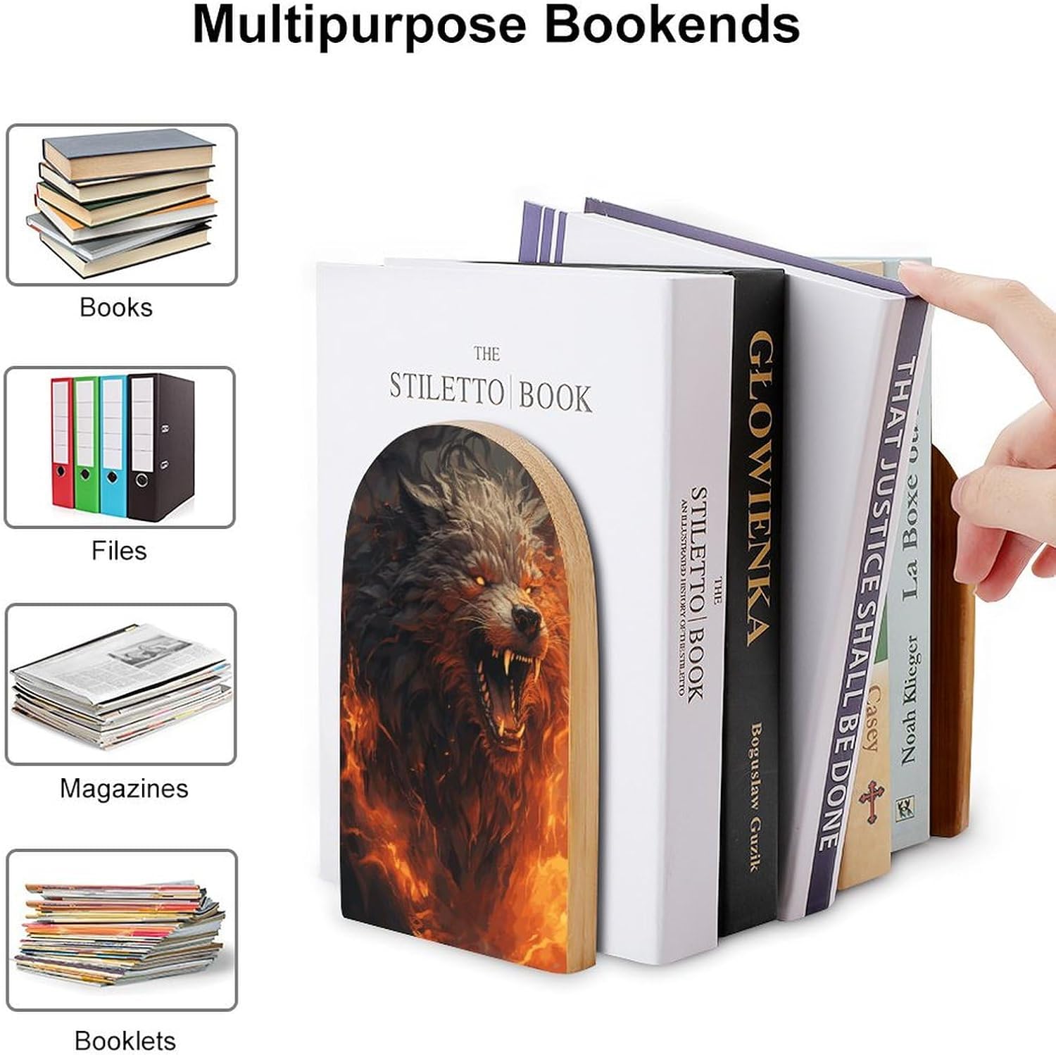 Wild Wolf in The Fire Book Ends Wooden Bookends Non-Skid Metal Base Heavy Duty Book Shelves Decor, Decorative Bookends for Books/CDs Bookshelf Table Home Decor