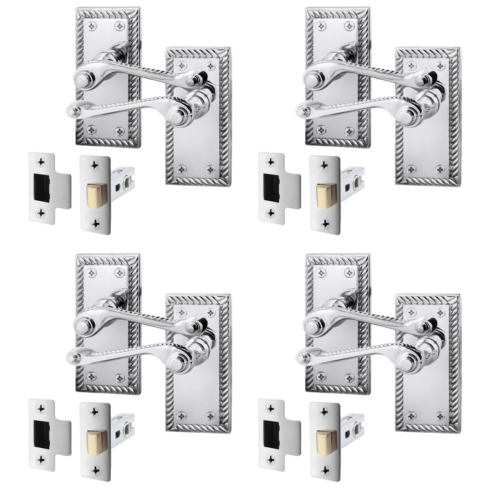 Eai Polished Chrome Georgian Scroll Door Handle Latch Set - 4 Pairs Internal Lever Latch Handles & Latch (64Mm) - Rope Design