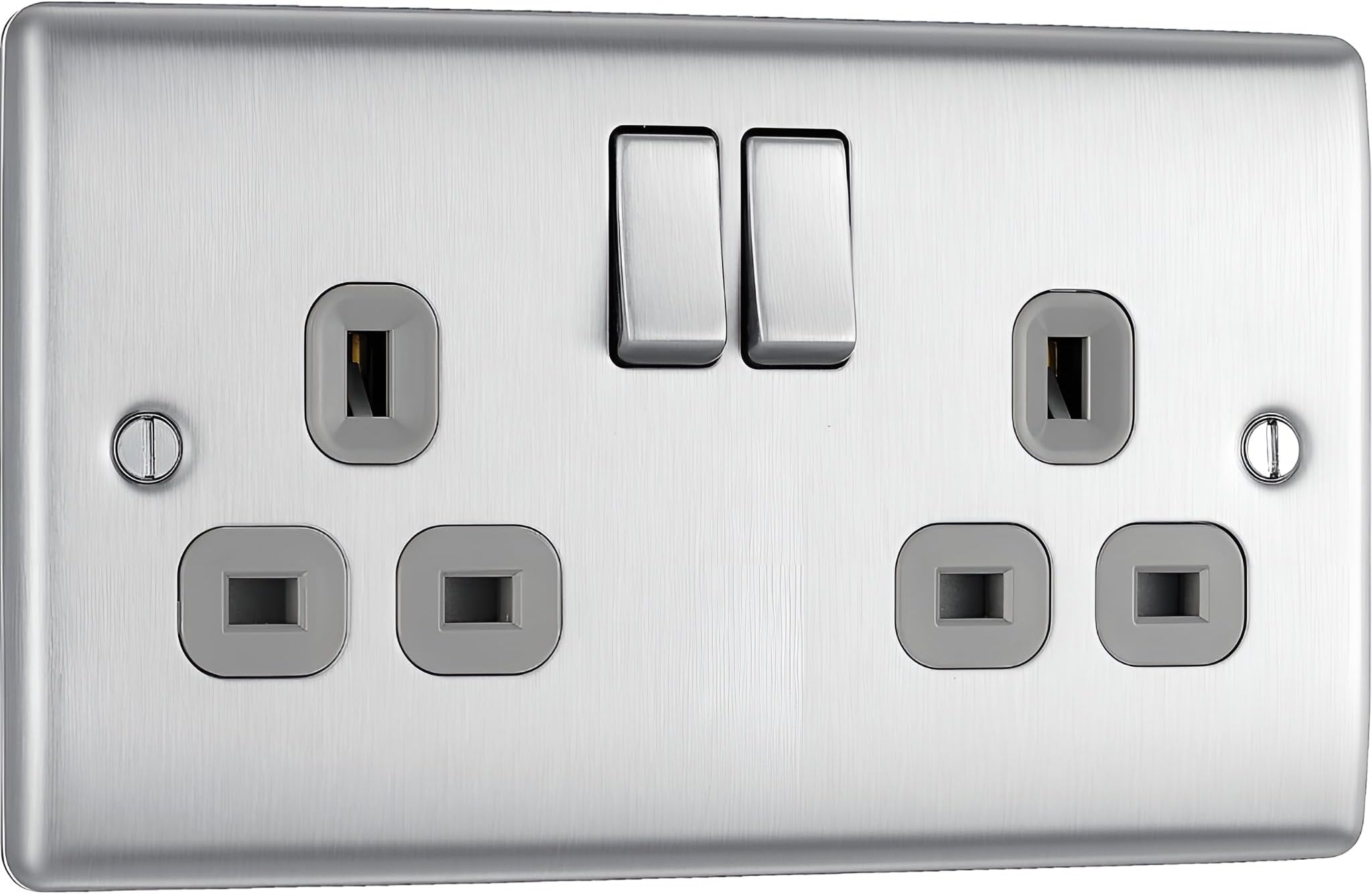 BG Electrical Double Switched Power Plug Wall Socket, Nexus Metal, Brushed Steel, Grey Inserts, 13A, NBS22G