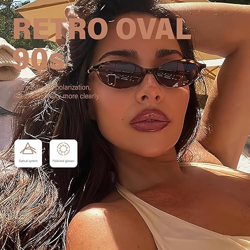 Miniatura 3 de KUGUAOK Lentes de sol ovalados retro para mujer, diseño de los años 90, pequeños lentes de sol de ojo de gato, protección UV, tonos estrechos de
