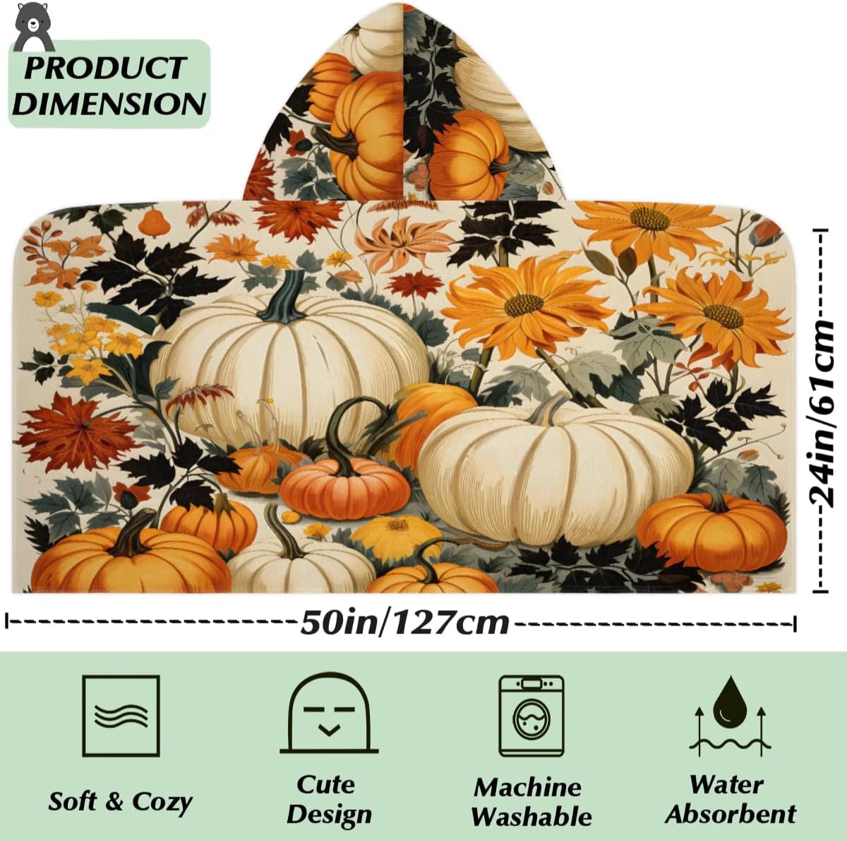 Pardick Kid Bath Towels Flower Floral Pumpkin Kids Towel with Hood for Girls Boys Beach Towel Pool Cover Up Soft Absorbent Toddler Hooded Bath Towel for Shower, Beach, Pool