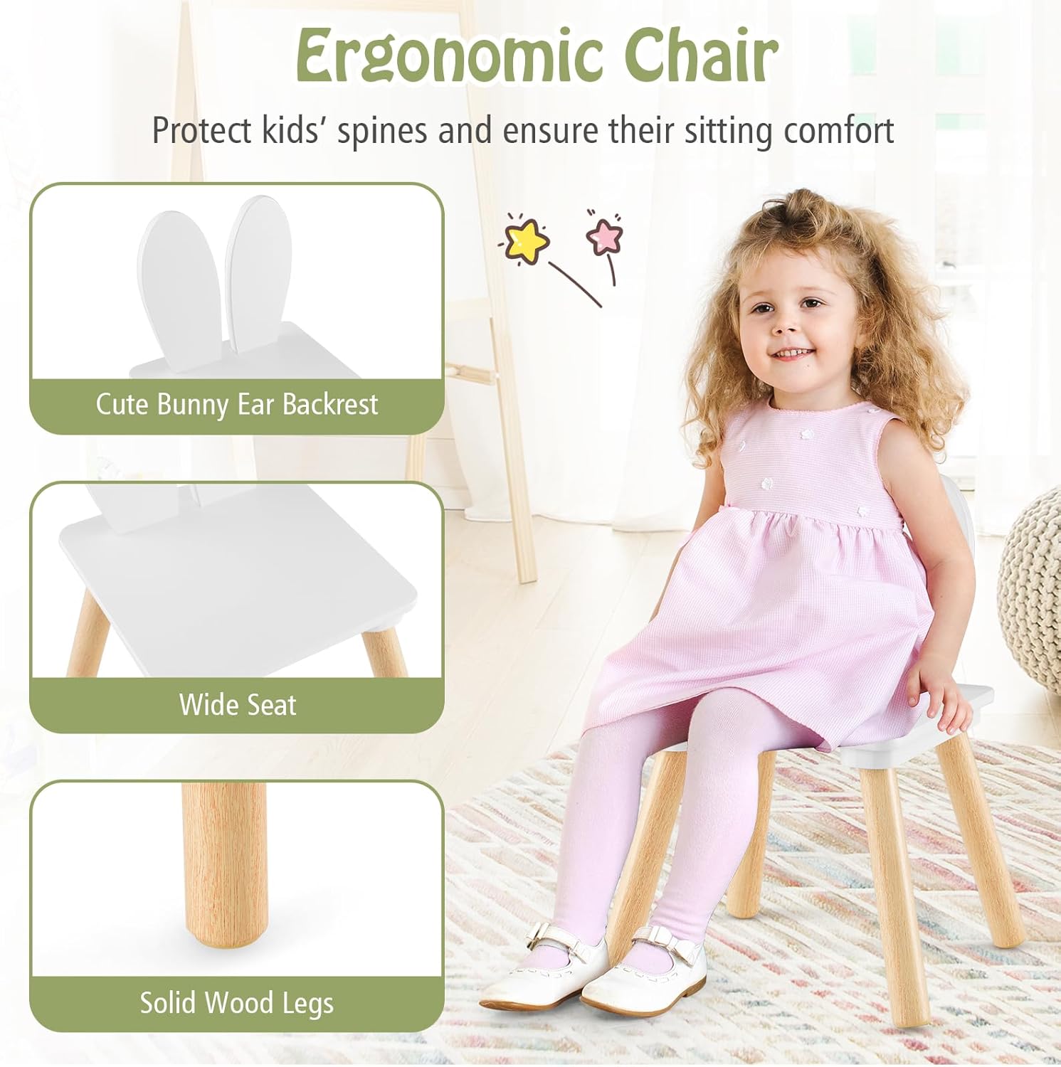Costzon Kids Table and Chair Set, 3 Pieces Wooden Activity Table & 2 Rabbit Shaped Chairs with Solid Wood Legs, Space-saving Design, Toddler Table and Chairs for Children Playroom Kindergarten (White)