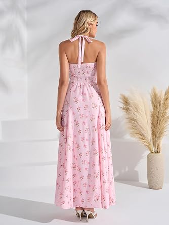 EYNMIN Womens Halter Maxi Long Flowy Floral Summer Wedding Guest Dresses