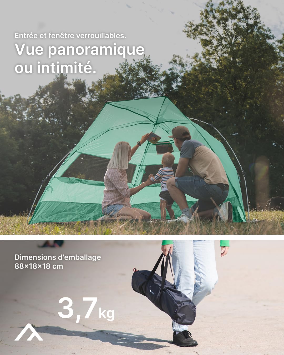 qeedo Quick Bay Tente de Plage (UV80) pour 2 Personnes avec Roll-in-Bag, piquets en Plastique et Cordes d'ancrage - Protection Solaire pour familles, Enfants, bébés ou Chiens - Bahamamint