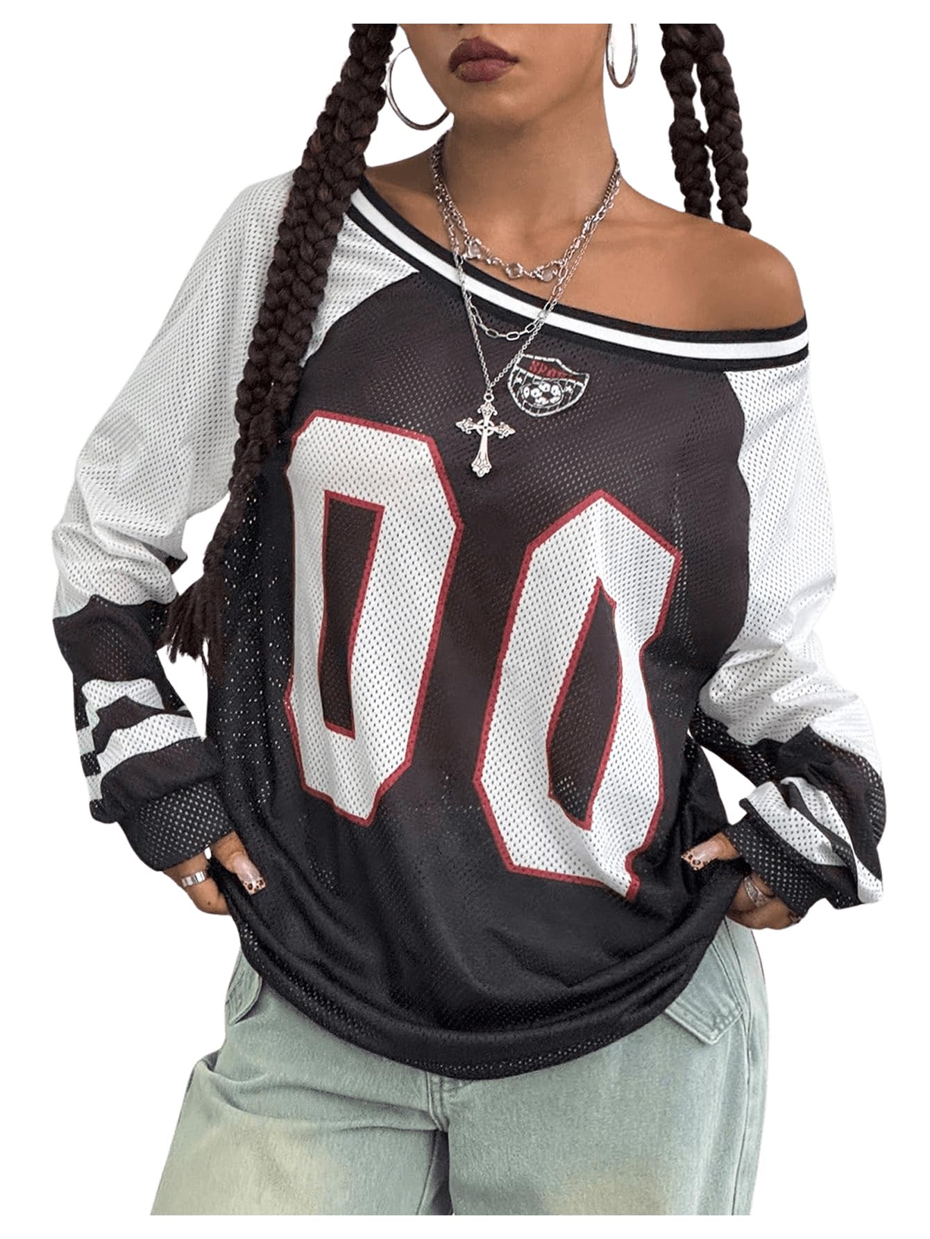 beaudrm Women's Y2k Mesh Jersey Shirts Sheer Graphic Tees Oversized Off The Shoulder Long Sleeve Tops Streetwear-picture-17