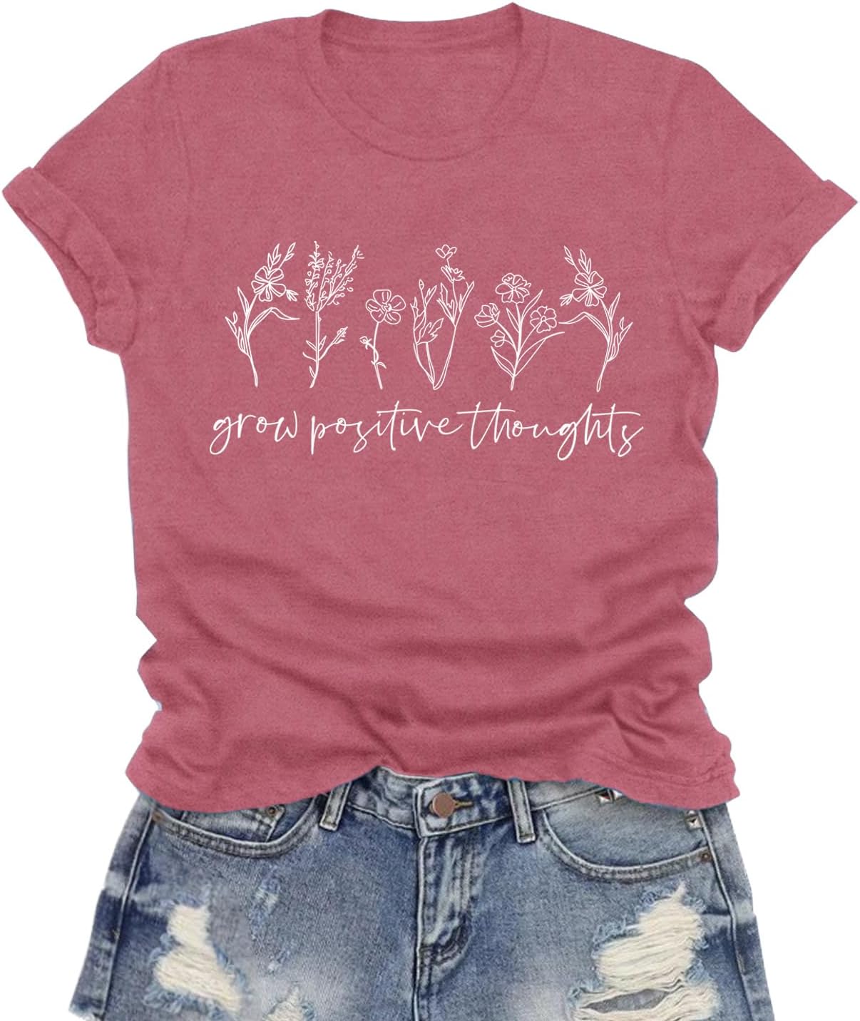 LuxLass Inspirational Tshirts for Women Grow Positive Thoughts Shirt Cute Floral Tee Motivational Tops