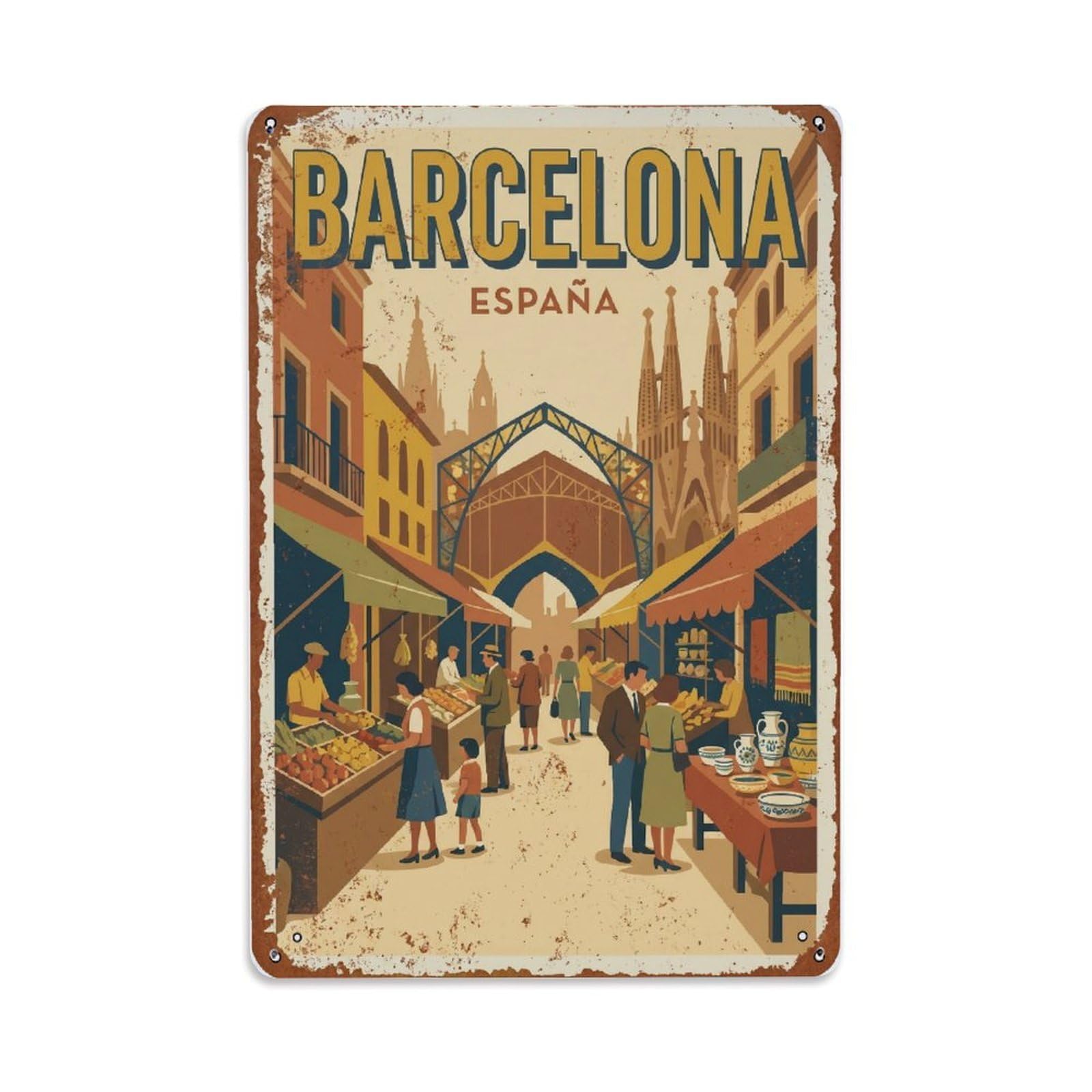Vintage Travel Marketplaces Spain Bustling Metal Tin Sign Plaque Wall Decor for Cafe, Club Bar, Office, Home Garden Metal Poster 8x12Inch