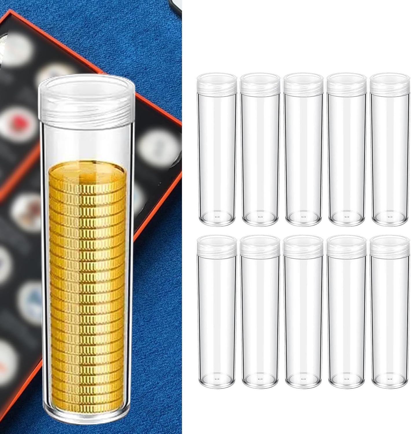 10x Coin Tubes Screw Cap,Round, Coin Organizer for Collection Coin Case,Clear Coin Container, 19mm