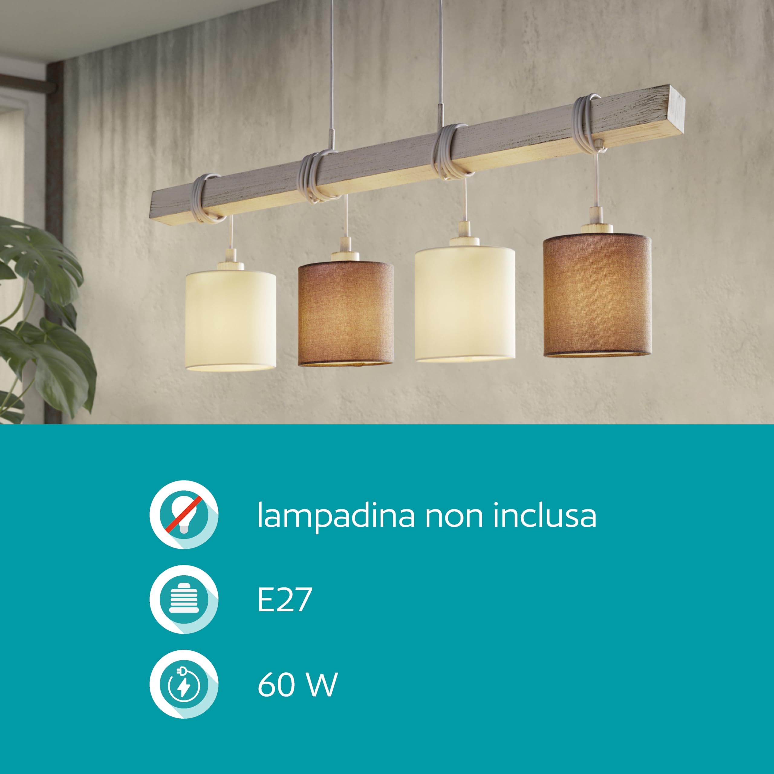 Eglo lampada a sospensione Townshend 2, 4 luci vintage, legno e acciaio