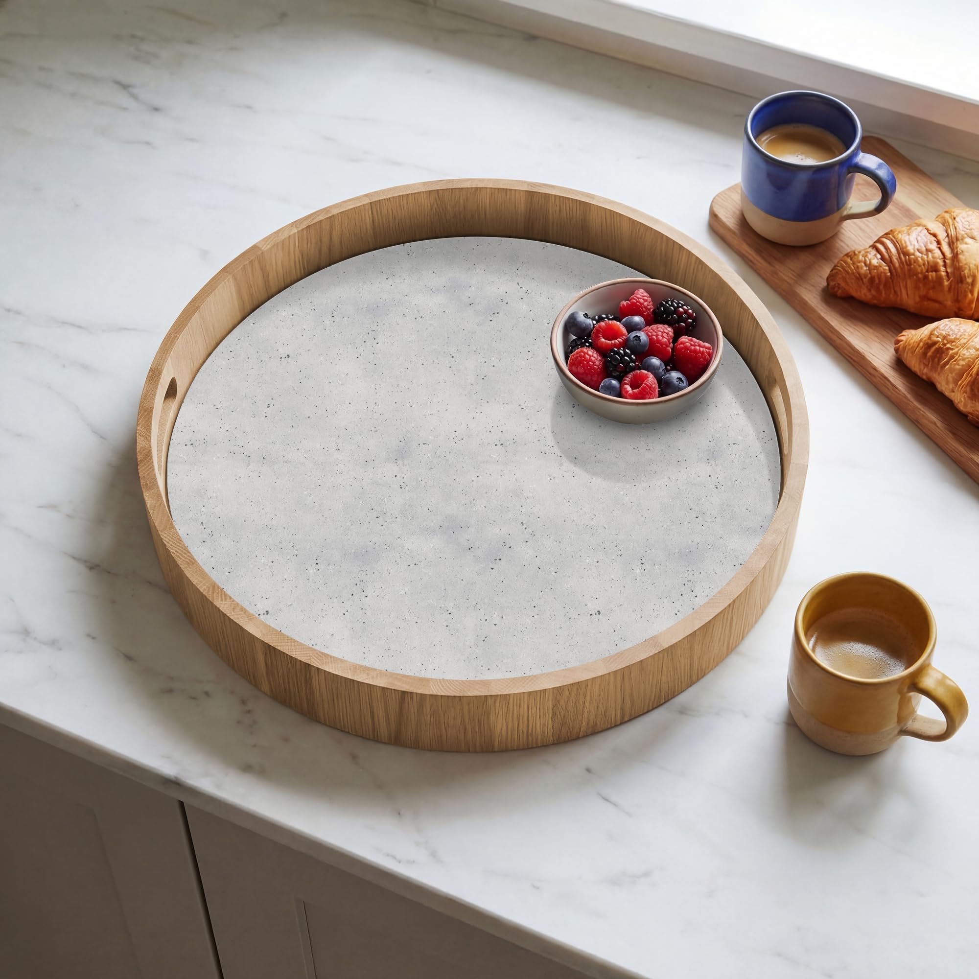 Tablett Rund 40x40 cm Serviertablett rutschfest Griff Küchentablett Servierplatte Eiche Holztablett Hitzebeständig Kaffeetablett Grau - Konkret - Neutral