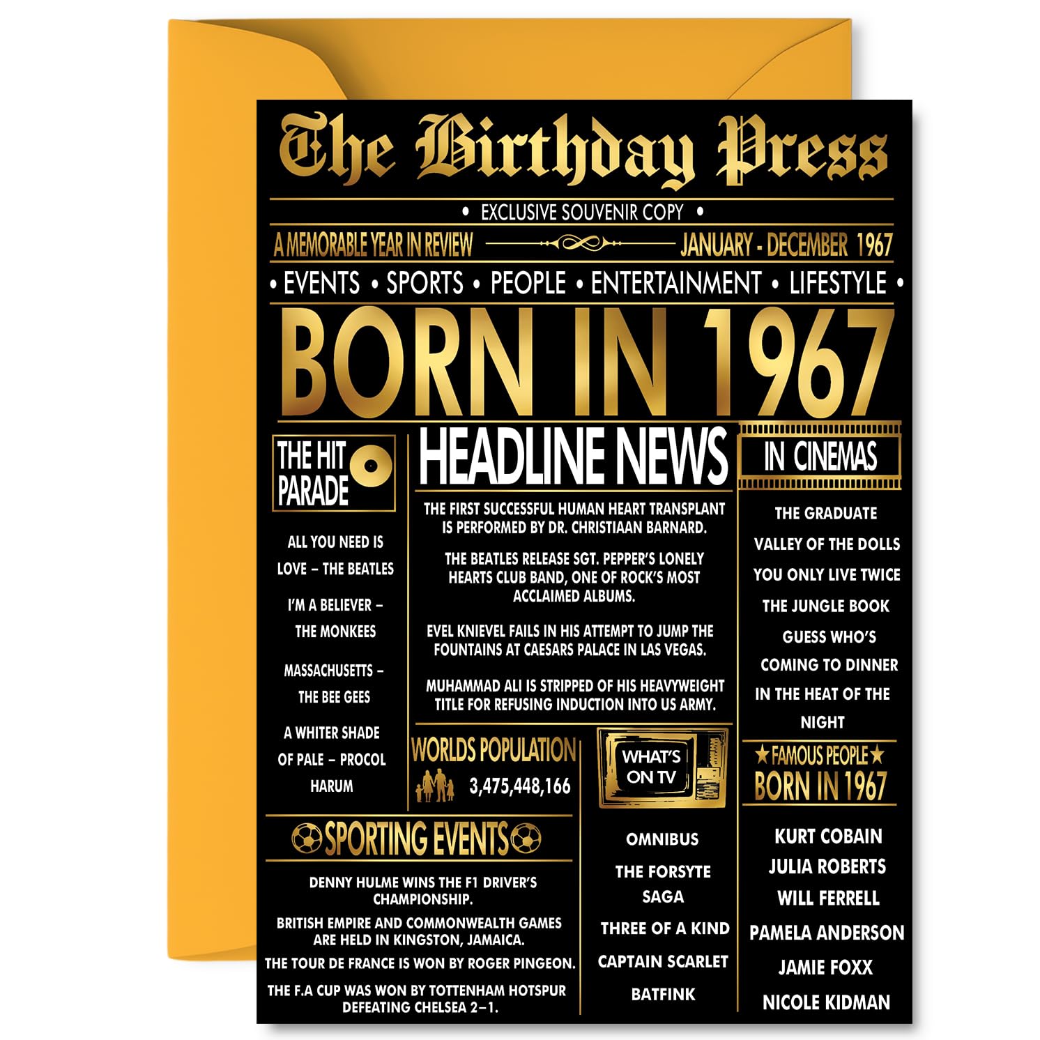 Gold 59th Birthday Card for Men Women - Black & Golden Newspaper Born in 1967 - Happy 59 Birthday Cards for Nan Colleague Grandma Auntie Daughter Sister, A5 Bday Greeting Cards