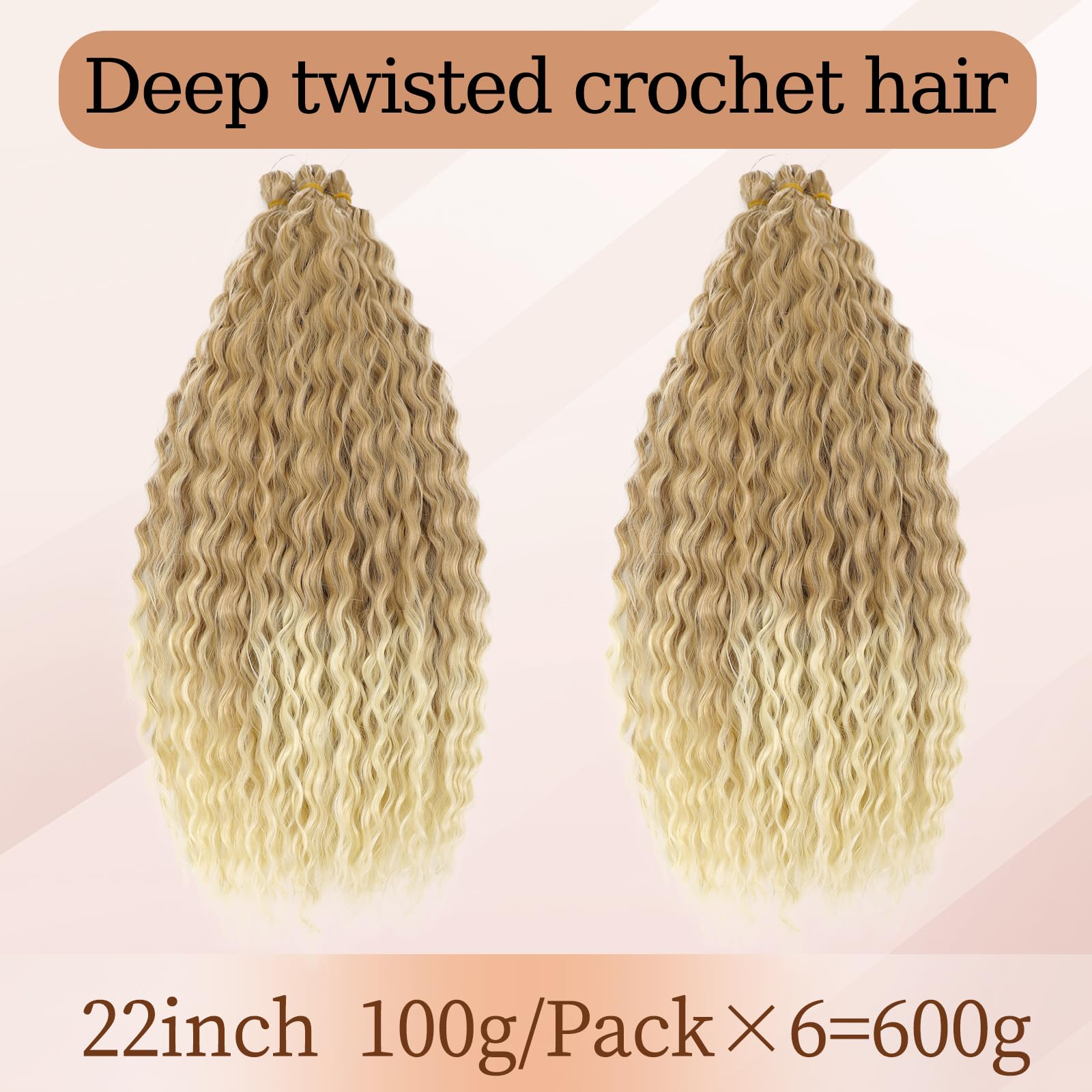 TAOYEMY Deep Wave Crochet Curly Braiding Hair 22 Inch 6 Packs Ocean Wave Crochet Hair Extensions Synthetic Curly Crochet Hair For Women (T27/613 - Image 4