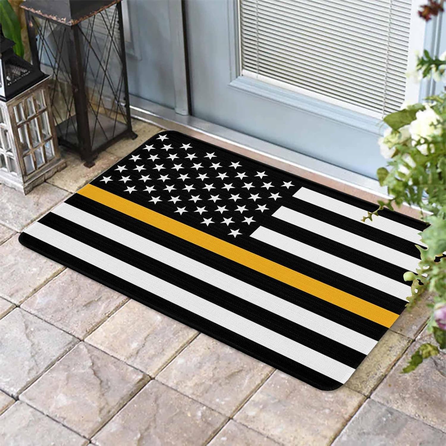 ALAGEO Doormat Gold Stripes Emergency Telecommunicators Welcome Mat Entrance Floor Mat USA Flag Door Mar Indoor Outdoor Entrance Floor Mat Non Slip Rubber Mat 16 x 24 inch