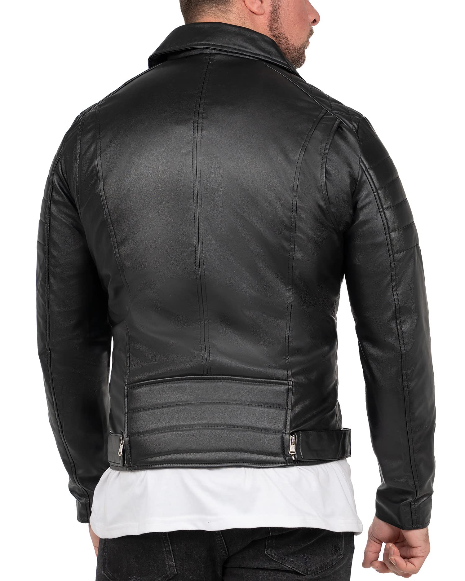 Reichstadt Chaqueta Hombre Cuero Sintético Biker Bomber Cuello Alto | Detalles con cremalleras, bolsillos laterales, forro interior, estilo urbano, entretiempo, paseo, ocio y uso diario