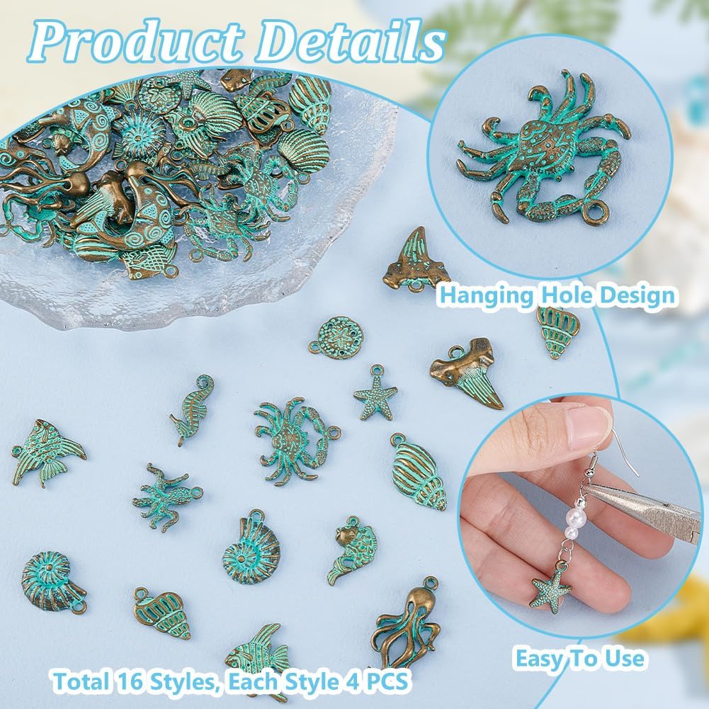 PH PandaHall 64Pcs 16 Styles Ocean Theme Charm Sea Life Charms Bulk Antique Bronze Turquoise Color Ocean Animal Vintage Fish Charms for DIY Jewelry Making Charms Necklace Bracelet Earring - Image 6