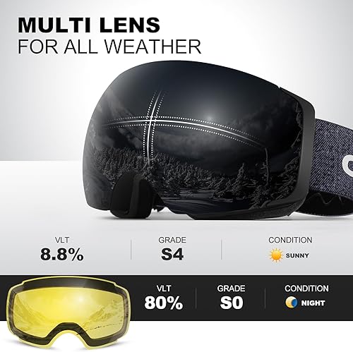 Miniatura 2 de Odoland Gafas de esquí magnéticas intercambiables con 2 lentes, grandes esféricos sin marco, gafas de snowboard para hombres y mujeres