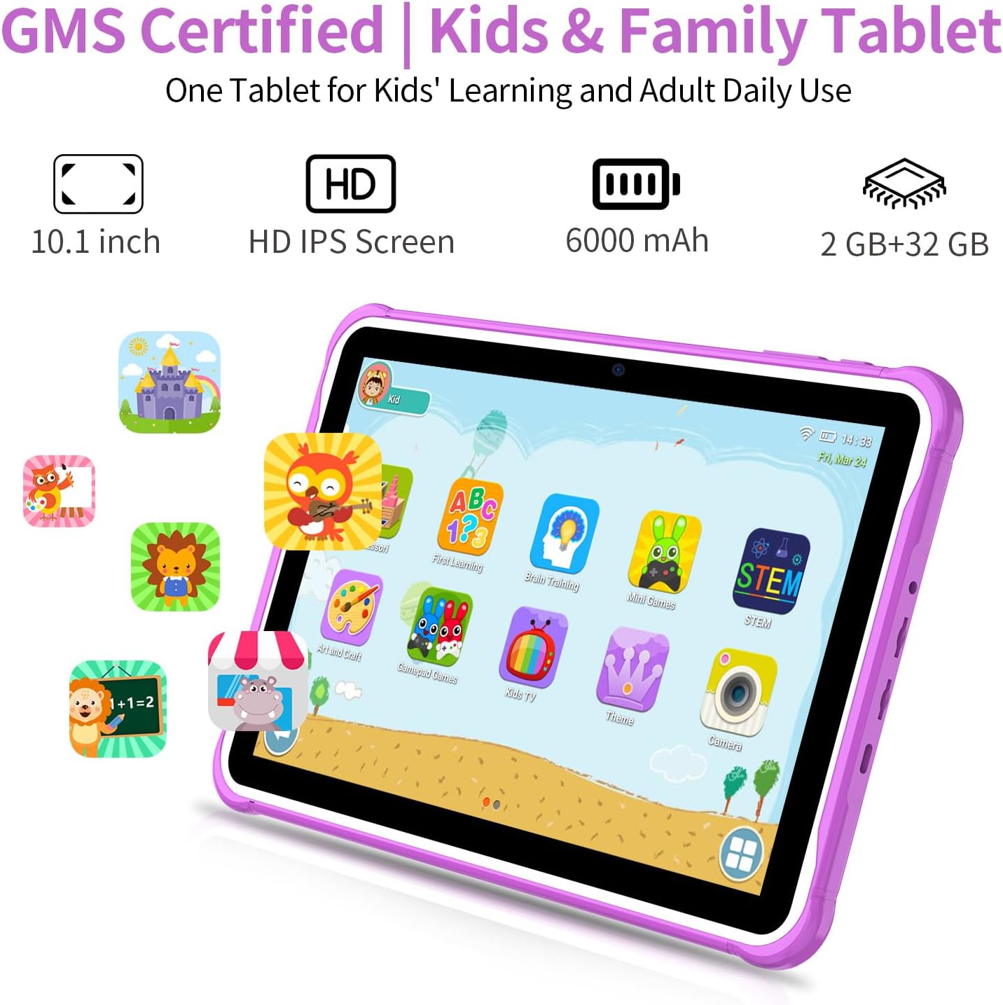 K10 10" Kids Tablet Android, Shockproof Silicone Stand, 7731E Quad Core, 1280 * 800 Eye Care IPS, 4GB+32GB(1TB Expand), 6000mAh Battery, Dual Cam, Educational Cards