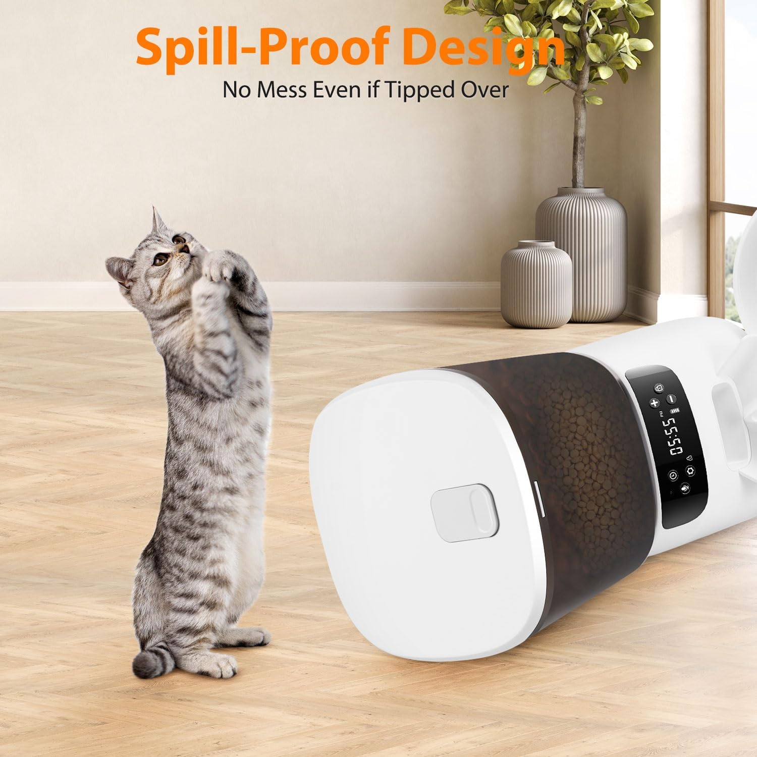 Automatic Cat Feeders for Two Cats, 5L/20 Cups Double Automatic Cat Food Dispenser with 2 Stainless Bowls, Timer Setting 20 Portions 6 Meals Per Day, 10s Meal Call, Pet Feeder for Dog (White, 5L)