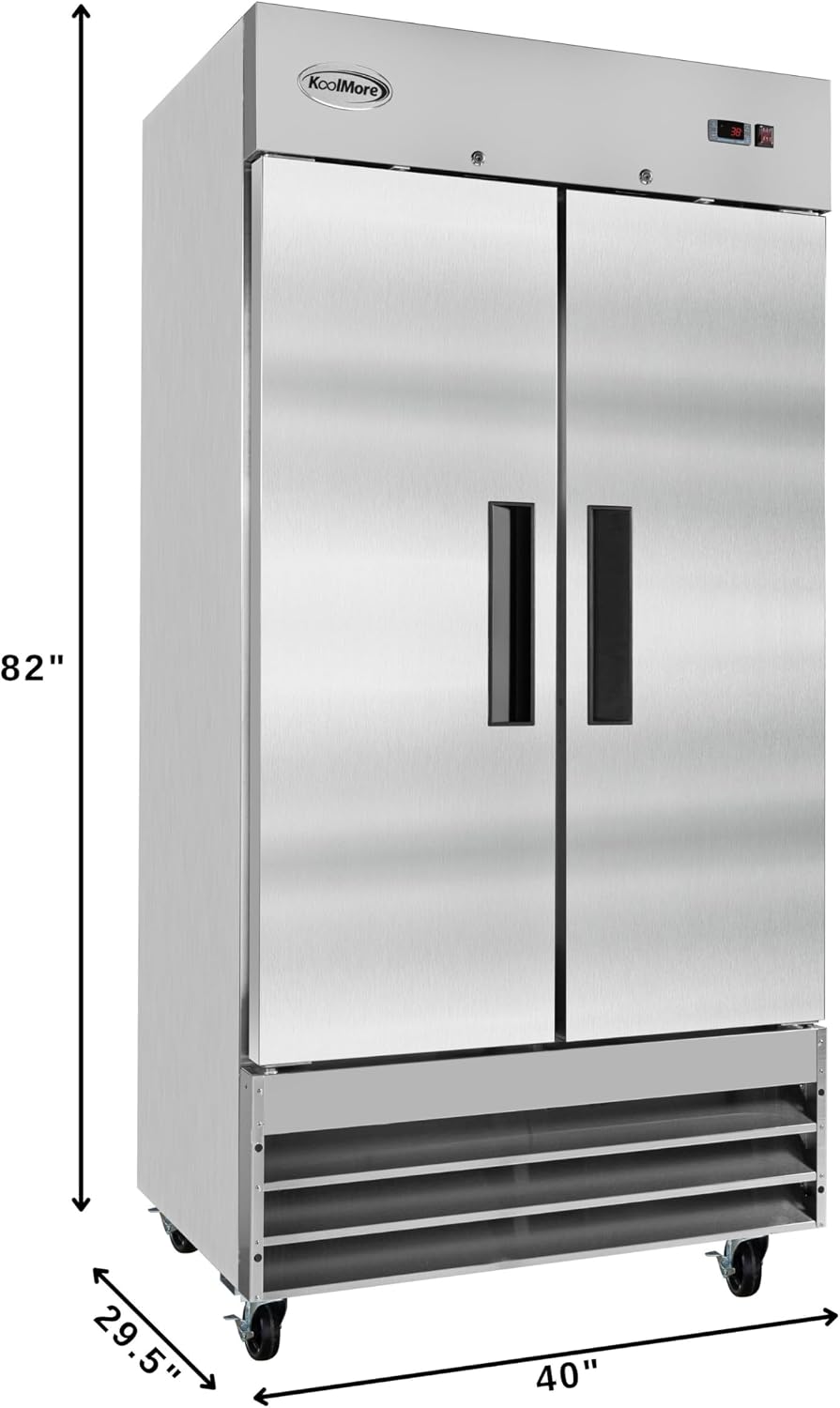 KoolMore RIR-2D-SS35C Commercial Stainless-Steel Reach-in Refrigerator with Two Door Access for Restaurants, Cafes, and Cold Food Storage, Large 35 Cu. Ft. Capacity, Heavy Duty Kitchen Use, 2, Silver