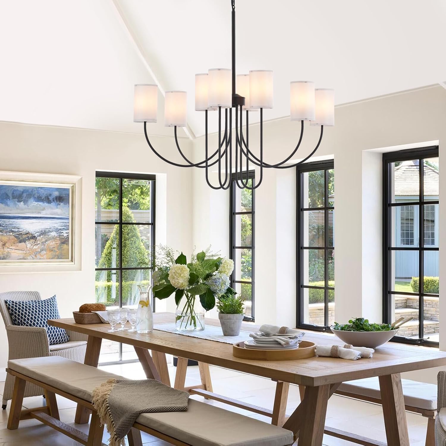 32" Large Modern Black Chandelier, with Creamy-White Fabric and Arched Black Arms Shade Pendant Lighting Fixture for Dining Room Living Room Kitchen Island Bedroom 8-Light