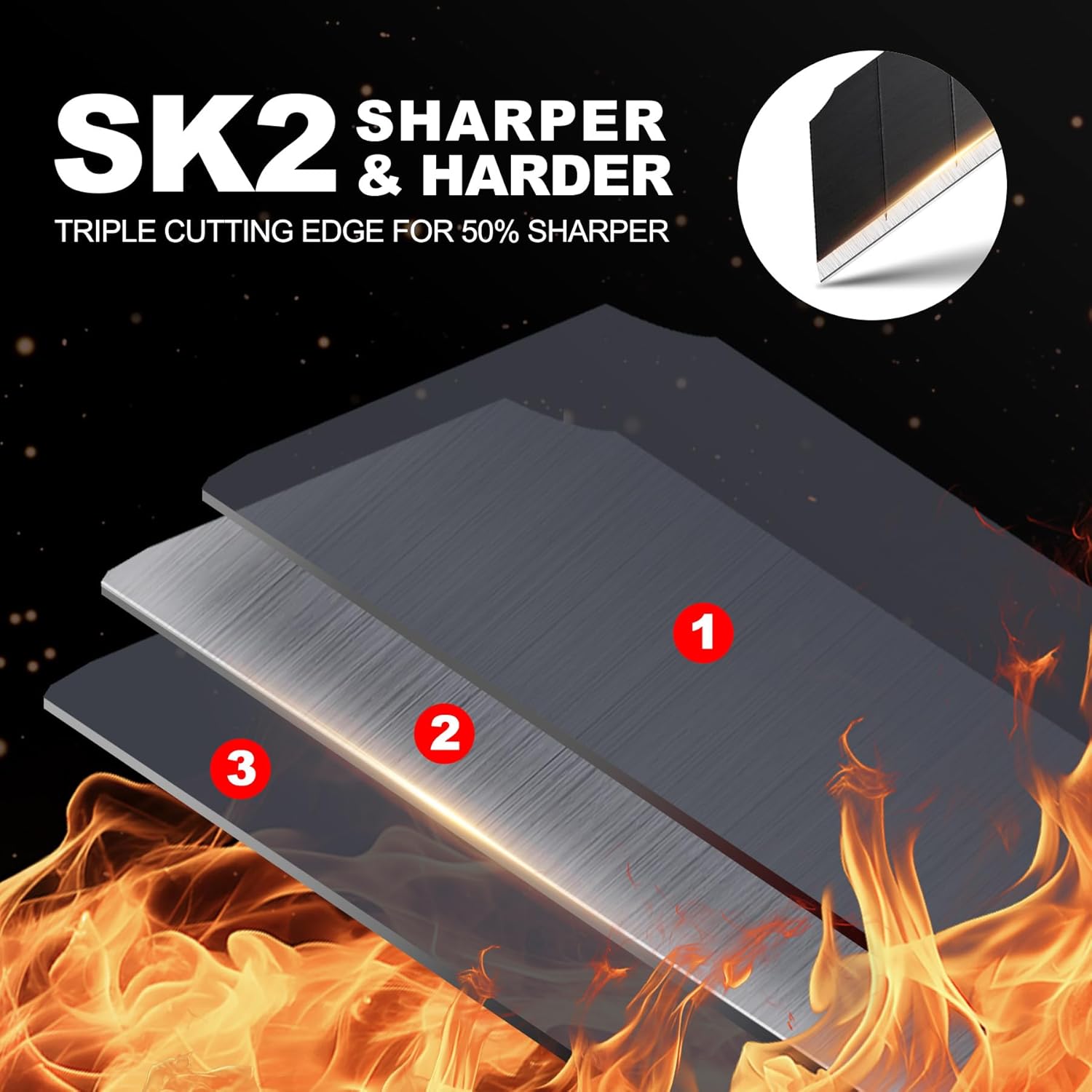 HAUTMEC 100PCS 18mm Triple Cutting-edge Snap Off Blades, Retractable Black Replacement Blades, SK2 Heavy Duty Utility Knife Blades, Strengthened Safety Box, for Box, Carpet, Rope HT0083-100PC