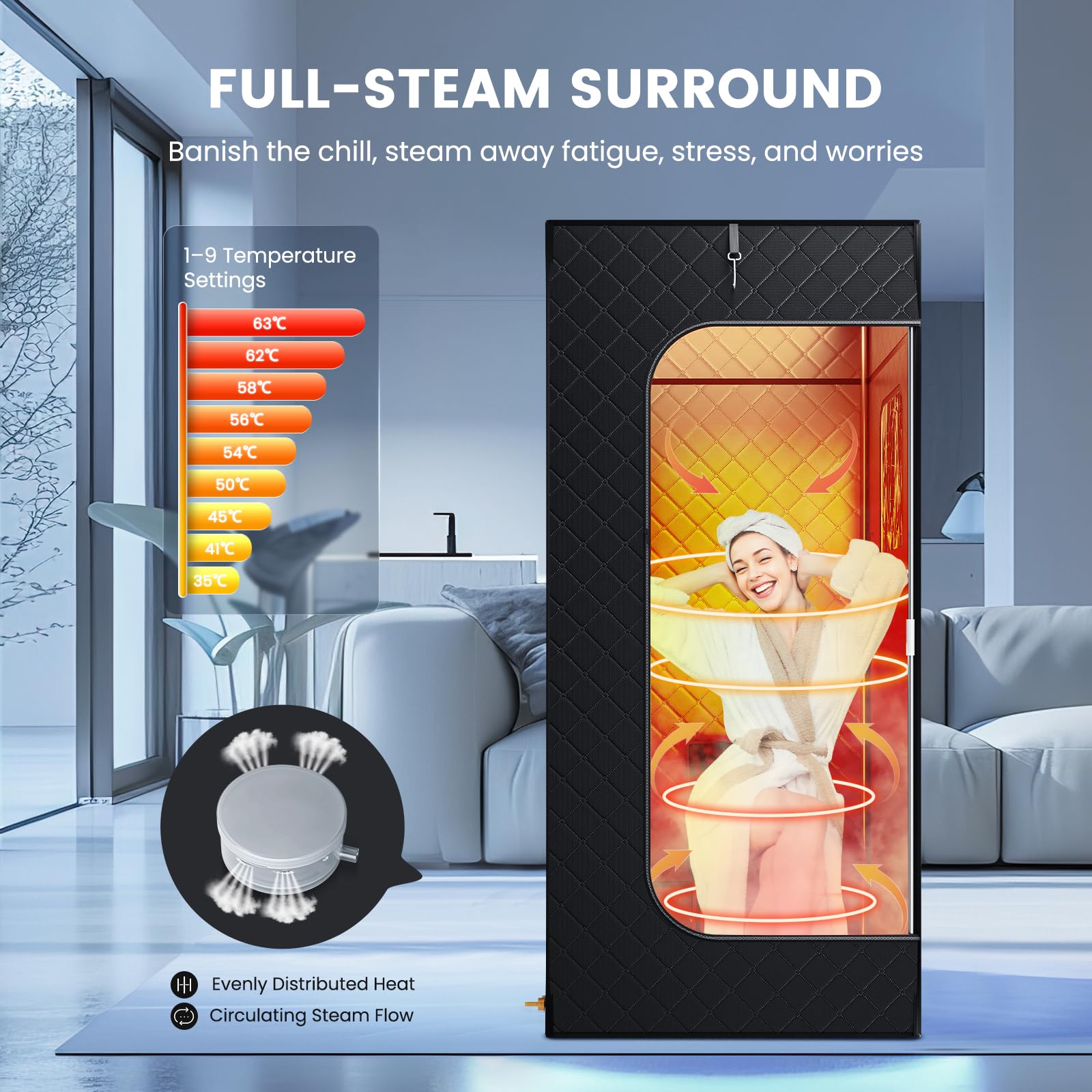 Sauna Portatile 180×80×80 cm 2.6L Vapore 9 Livelli Calore Riscaldamento Rapido 3 Minuti Sedia Pieghevole Telecomando