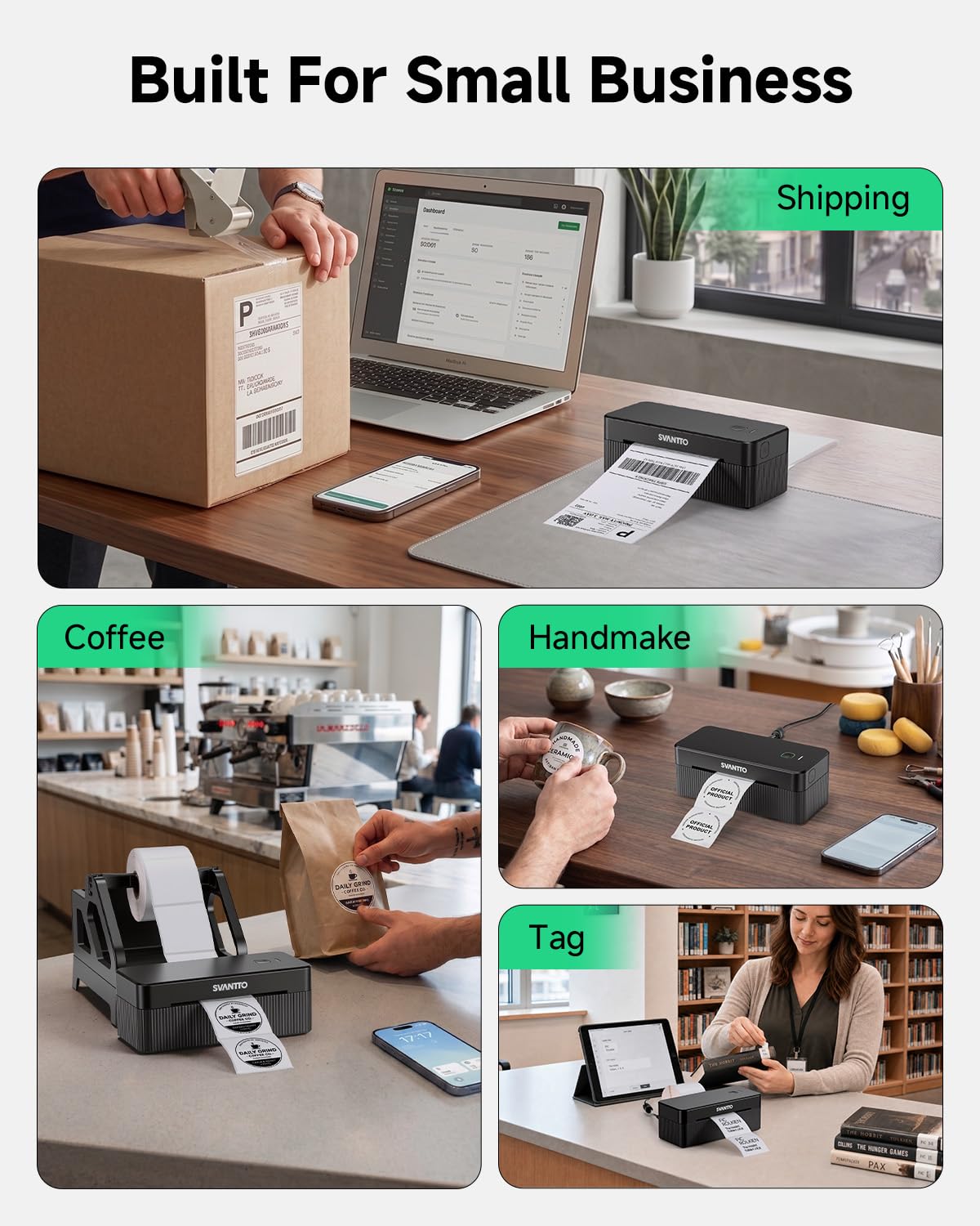 SVANTTO Bluetooth Etikettendrucker 4x6, DHL Thermodrucker für Versandetiketten 100 x 150 mm, Labeldrucker ohne Tinte für iOS Android Windows Mac, kompatibel mit Shopify, Etsy, DHL, UPS, Schwarz